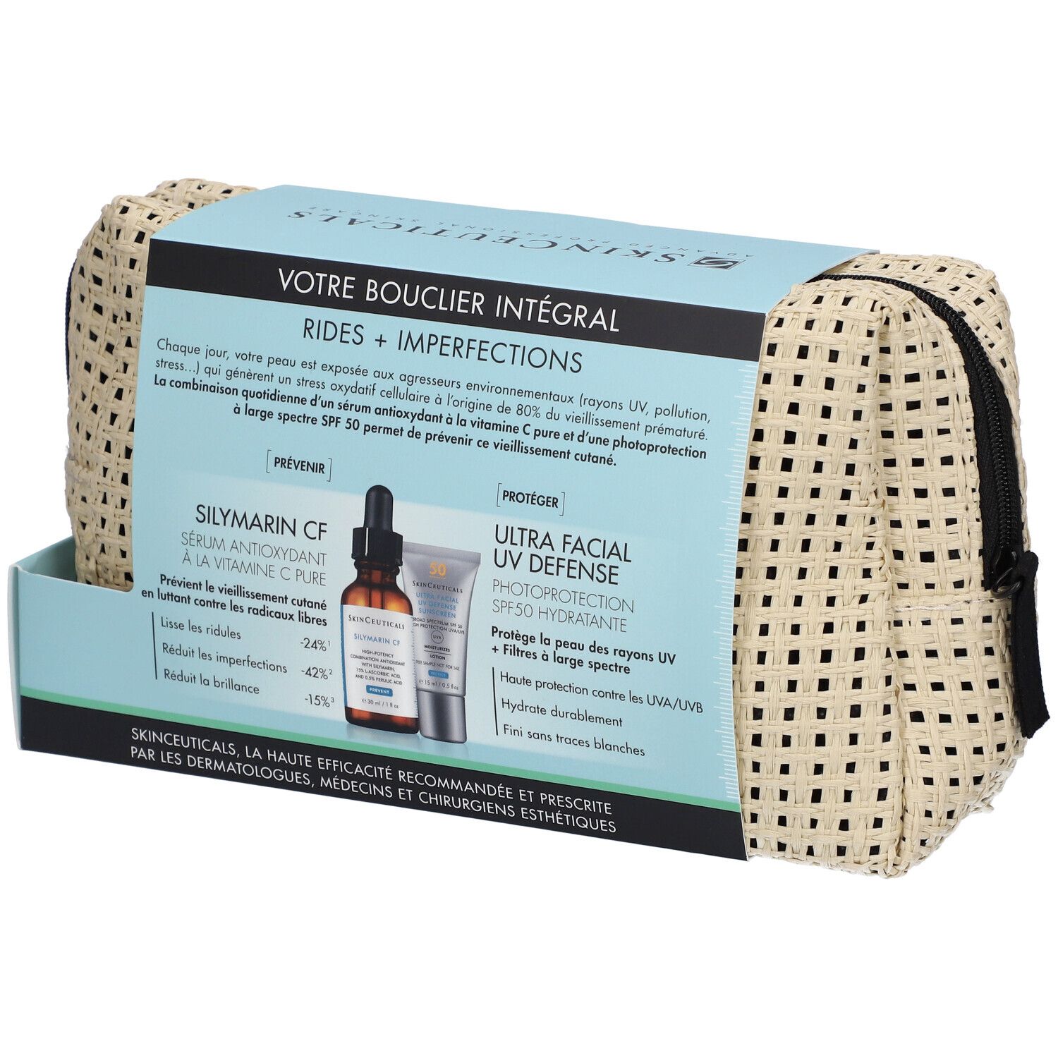 Geschenkset mit Serum, Sonnencreme und Kosmetiktäschchen. Aufdrucke: SkinCeuticals, Silymarin CF, Ultra Facial UV Defense.