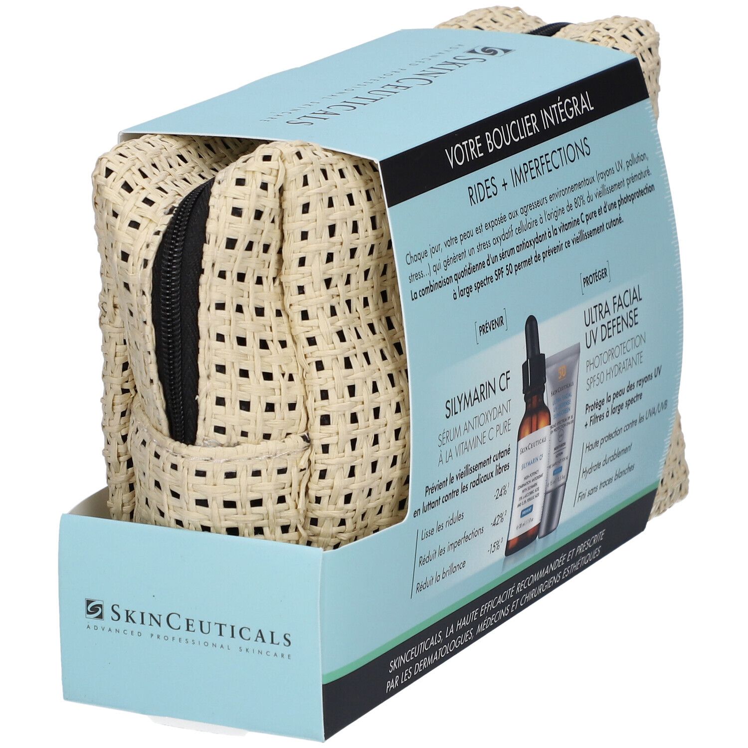 Geschenkset mit Serum, Sonnencreme und Kosmetiktäschchen. Aufdrucke: SkinCeuticals, Silymarin CF, Ultra Facial UV Defense.