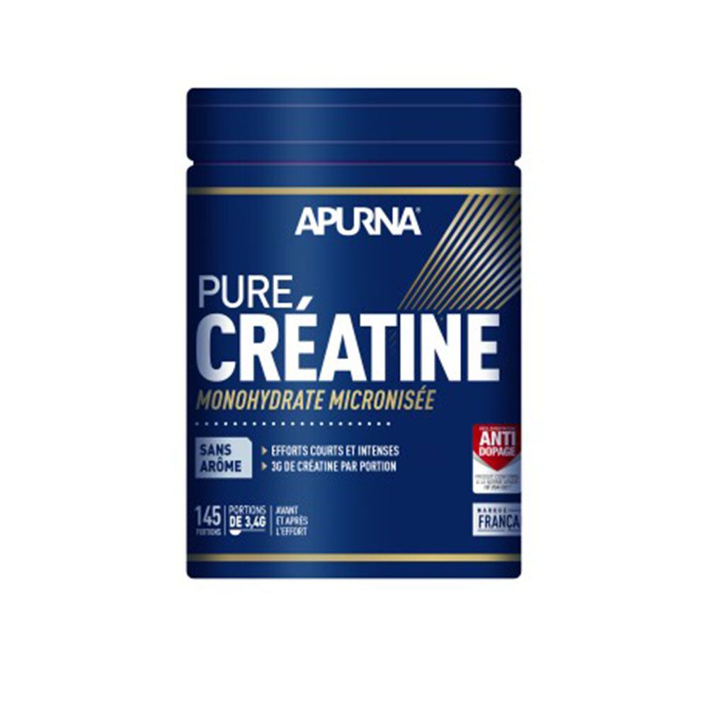 Boîte bleue APURNA Pure Creatine. Inscription: Pure, Creatine, Monohydrate Micronisée. Sans arôme. 145 portions.