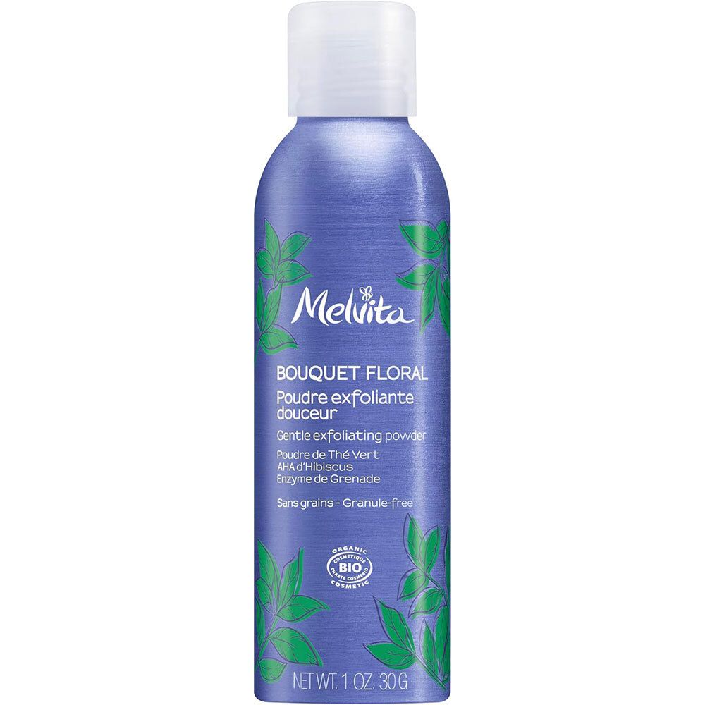 Blau-violette Flasche mit weißem Deckel. Aufschrift: Melvita, Bouquet Floral, Poudre exfoliante douceur. Bio-Zertifizierung.
