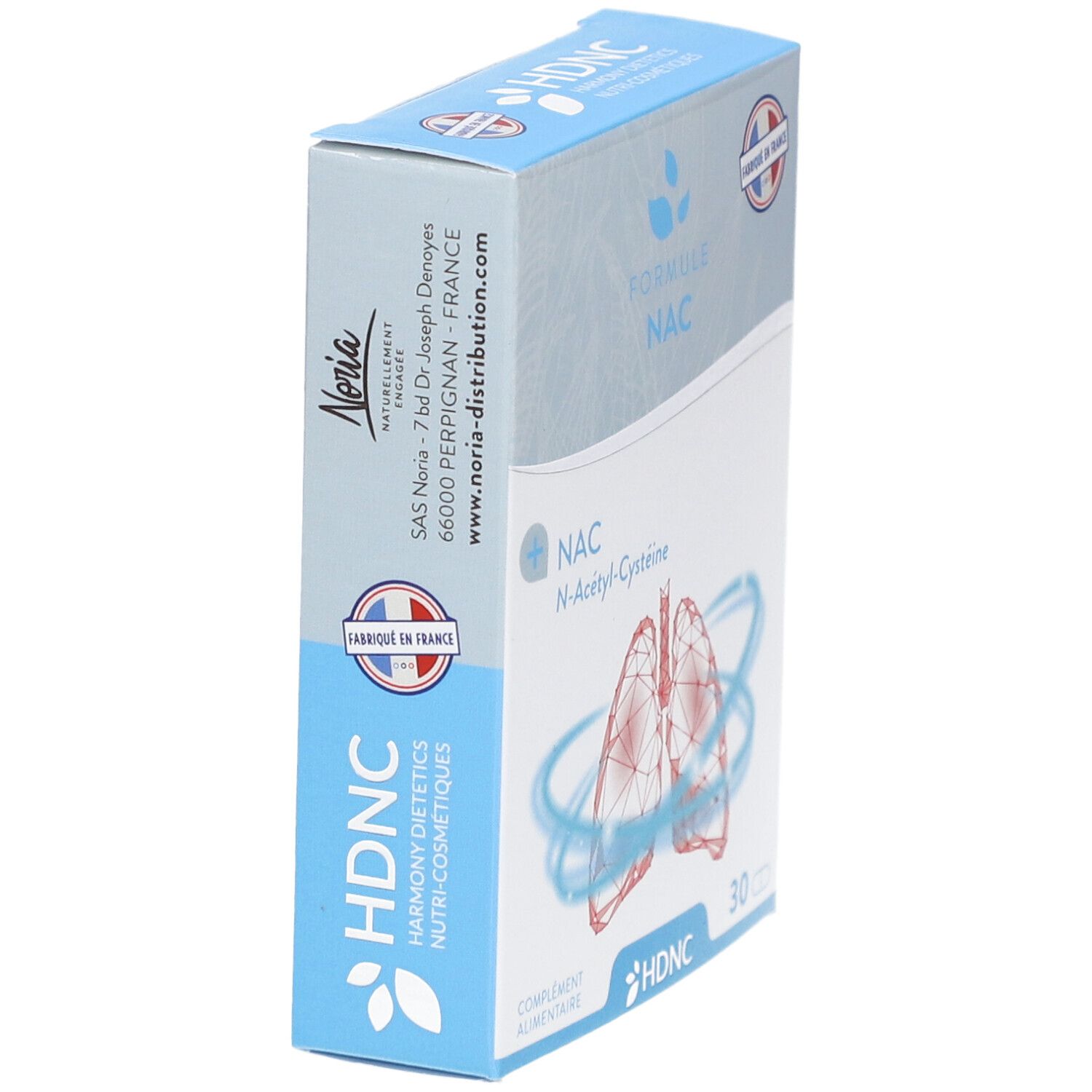 Schachtel mit NAC-Formel, HDNC-Logo und französischer Flagge. Text: Noria, Adresse. 30 Tabletten.