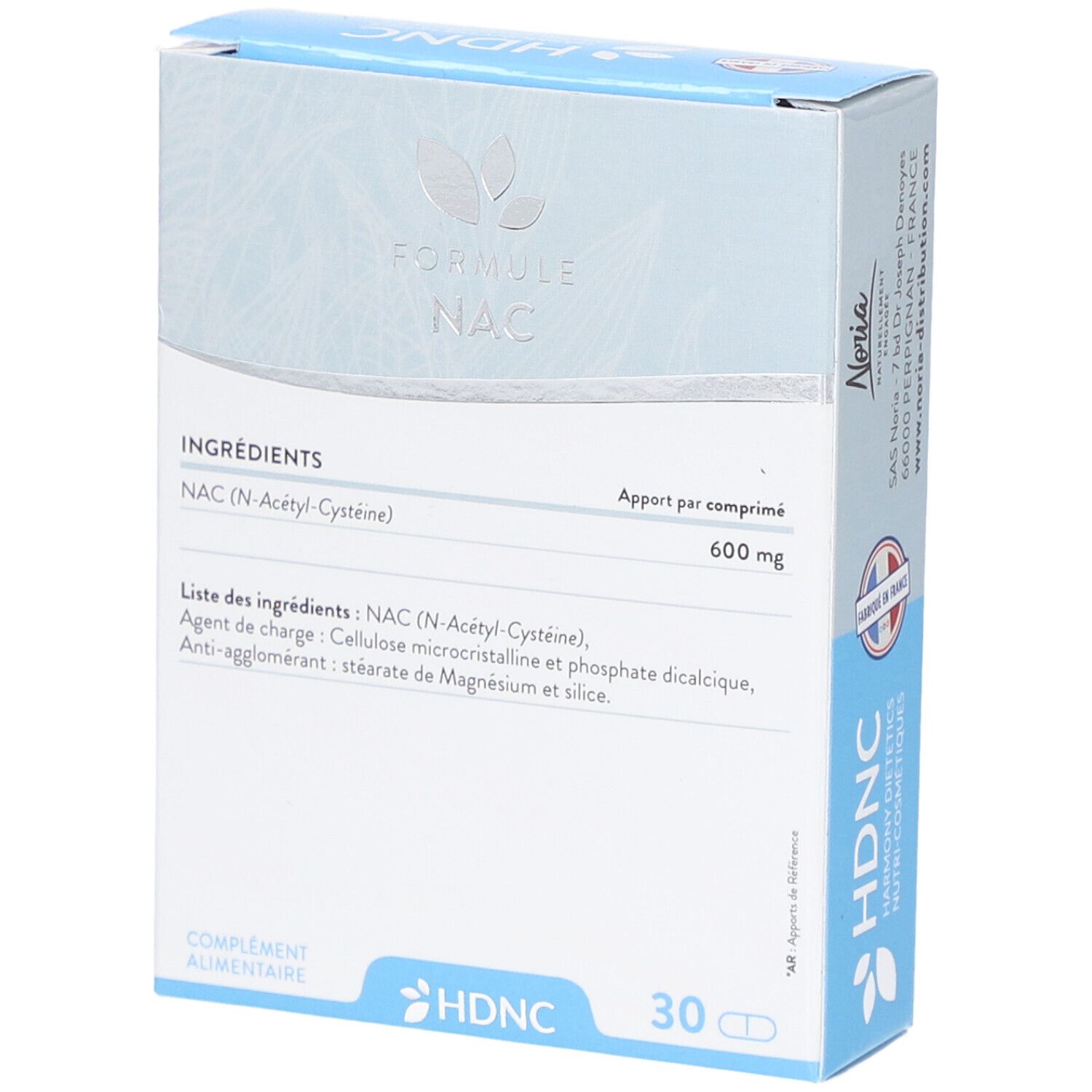 Schachtel mit Zutatenliste: NAC (N-Acetyl-Cystein), 600 mg. HDNC-Logo. 30 Tabletten. Noria-Adresse.
