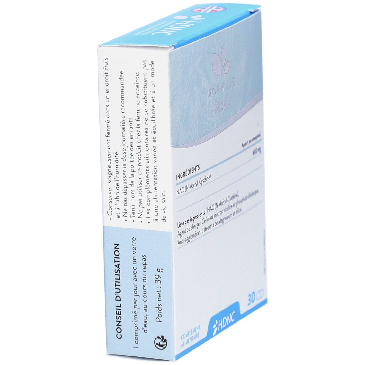 Schachtel mit Text: Conseil d'utilisation, 1 Tablette pro Tag. HDNC-Logo. 30 Tabletten. Gewicht: 39g.