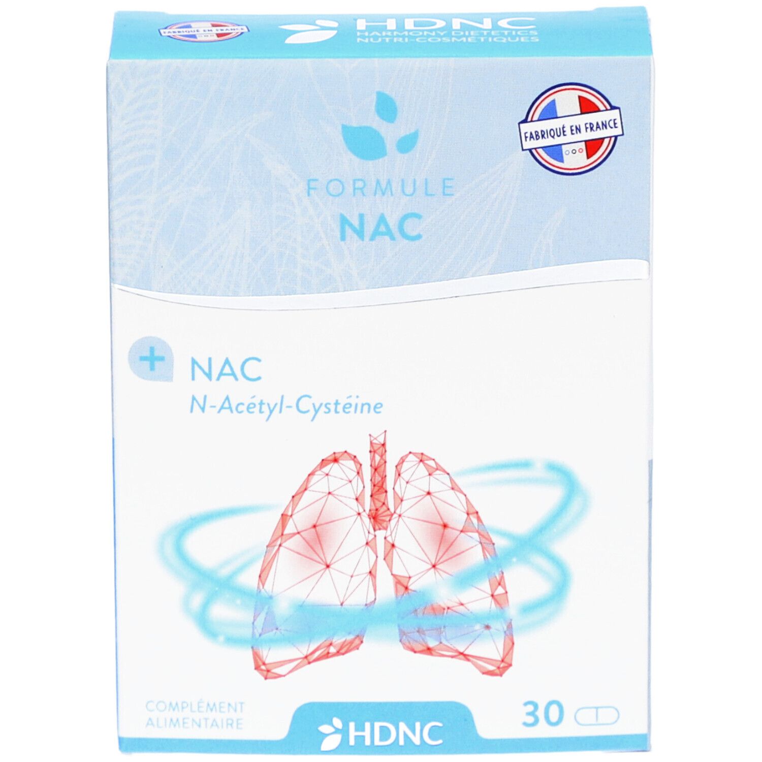 Blau-weiße Schachtel mit NAC-Formel. Französische Flagge und HDNC-Logo. 30 Tabletten. Abbildung der Lunge.