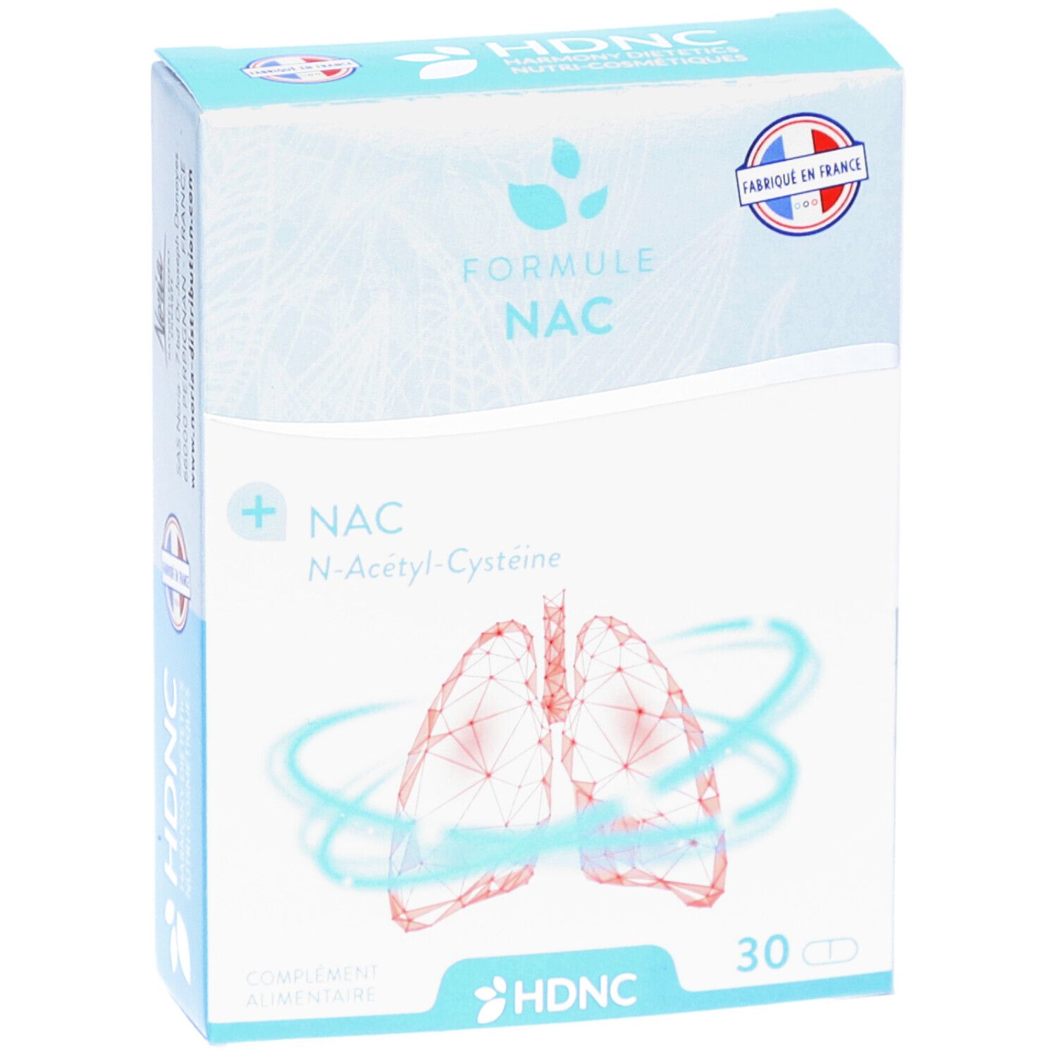 Blau-weiße Schachtel mit NAC-Formel. Französische Flagge und HDNC-Logo. 30 Tabletten. Abbildung der Lunge.