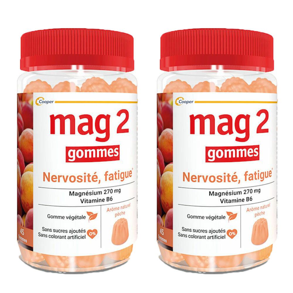 Zwei Flaschen "mag 2 gommes" mit rotem Deckel. Aufschrift: Nervosität, Müdigkeit. Enthält Magnesium und Vitamin B6. Ohne Zuckerzusatz und Farbstoffe.