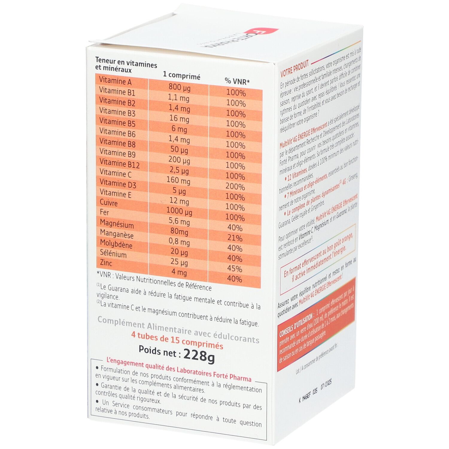 Côté de la boîte de MULTIVIT'4G ENERGIE Effervescent. Contient informations nutritionnelles et sur la marque Forte Pharma.