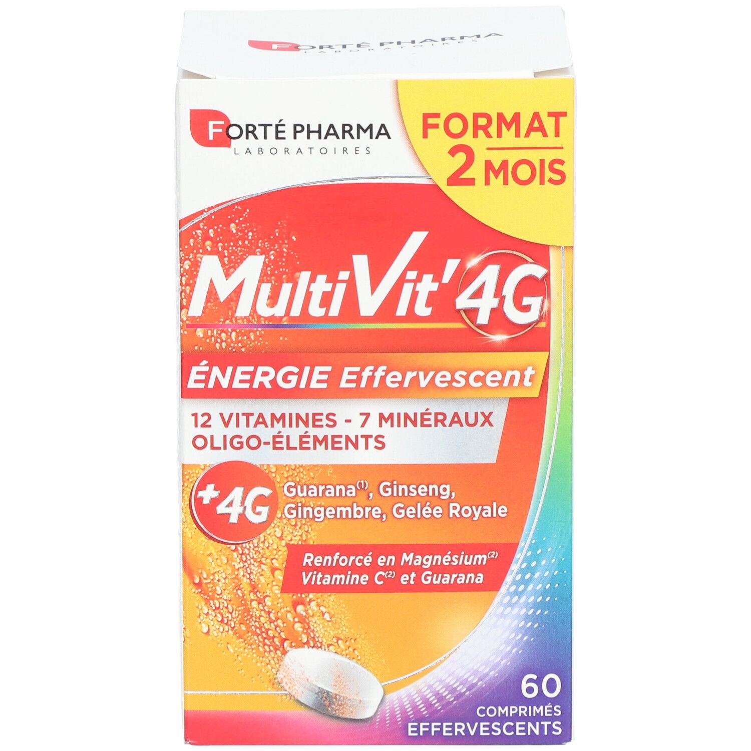 Face avant de la boîte de MULTIVIT'4G ENERGIE Effervescent. Contient 60 comprimés effervescents. Marque: Forte Pharma. 12 vitamines, 7 minéraux.
