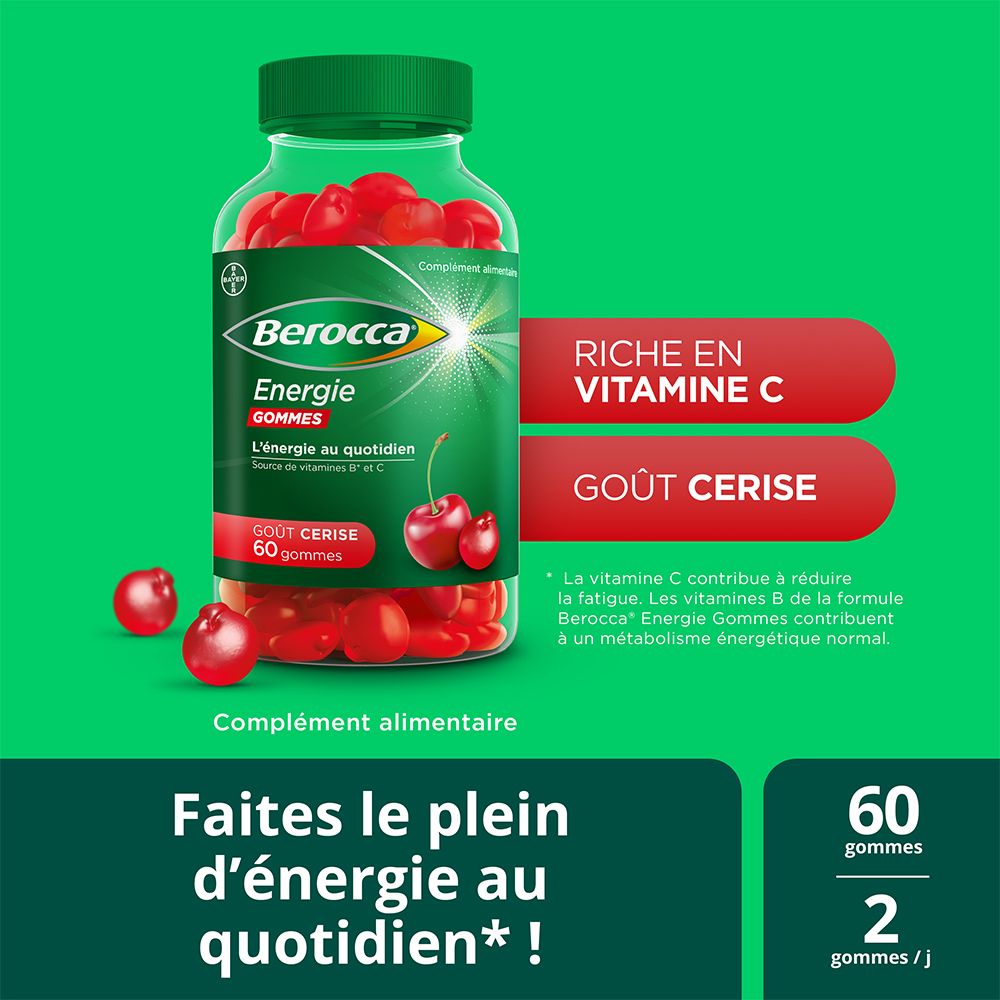 Berocca® Energie gums - Multivitamine Nahrungsergänzungsmittel - Quelle von B-Vitaminen und Vitamin C - Kirschgeschmack - 60 gums