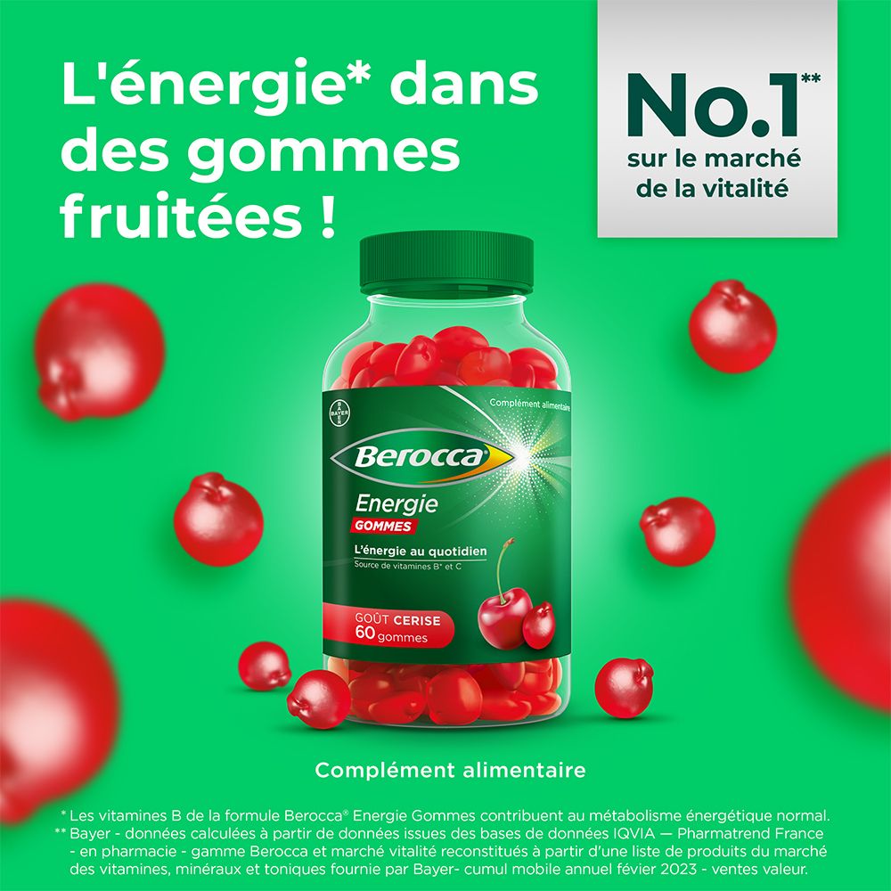 Berocca® Energie gums - Multivitamine Nahrungsergänzungsmittel - Quelle von B-Vitaminen und Vitamin C - Kirschgeschmack - 60 gums