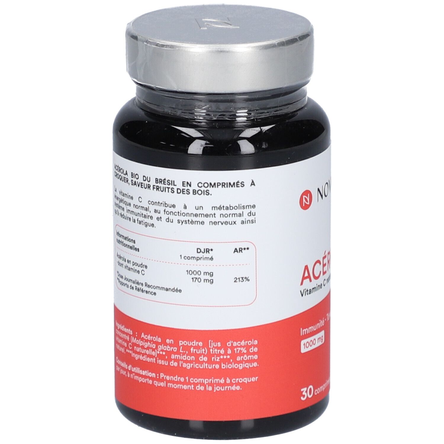 Dunkle Flasche mit NOVOMA ACÉROLA BIO. Text auf rotem Aufkleber. Silberner Deckel. Zutatenliste.