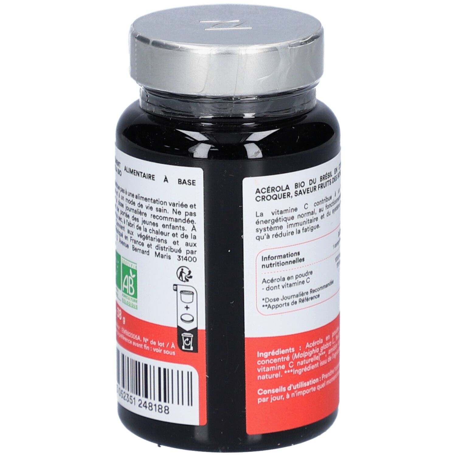 Dunkle Flasche NOVOMA ACÉROLA BIO. Text auf rotem Aufkleber. Silberner Deckel. AB-Bio-Logo.