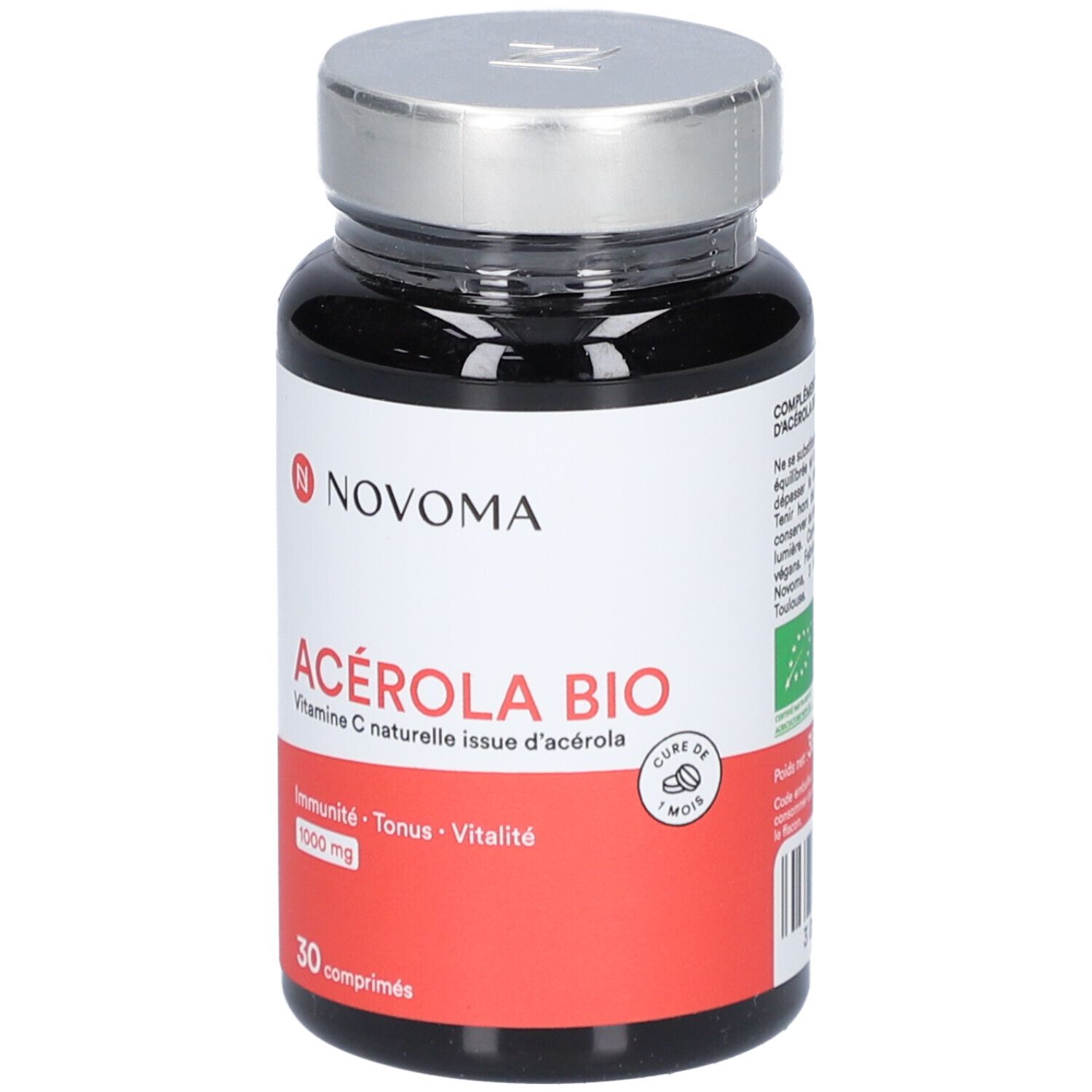 Dunkle Flasche NOVOMA ACÉROLA BIO. Roter Aufkleber mit Text. Silberner Deckel. AB-Bio-Logo.