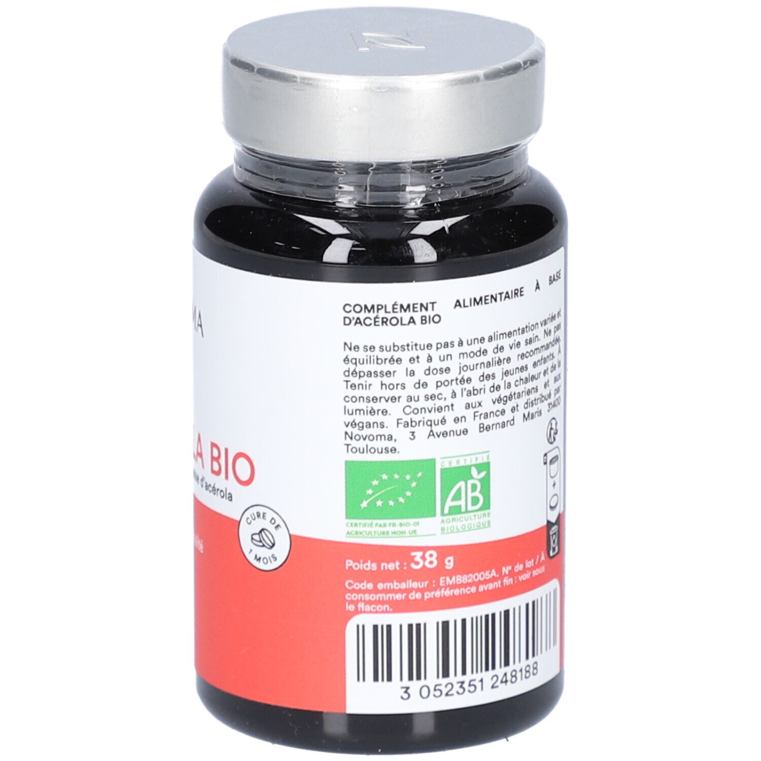 Dunkle Flasche NOVOMA ACÉROLA BIO. Roter Aufkleber mit Text. Silberner Deckel. AB-Bio-Logo. 38g.