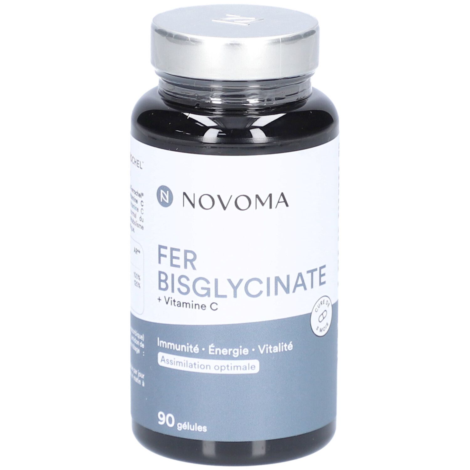 Flacon noir NOVOMA FER BISGLYCINATE. Inscription: FER BISGLYCINATE + Vitamine C. Contient 90 gélules.
