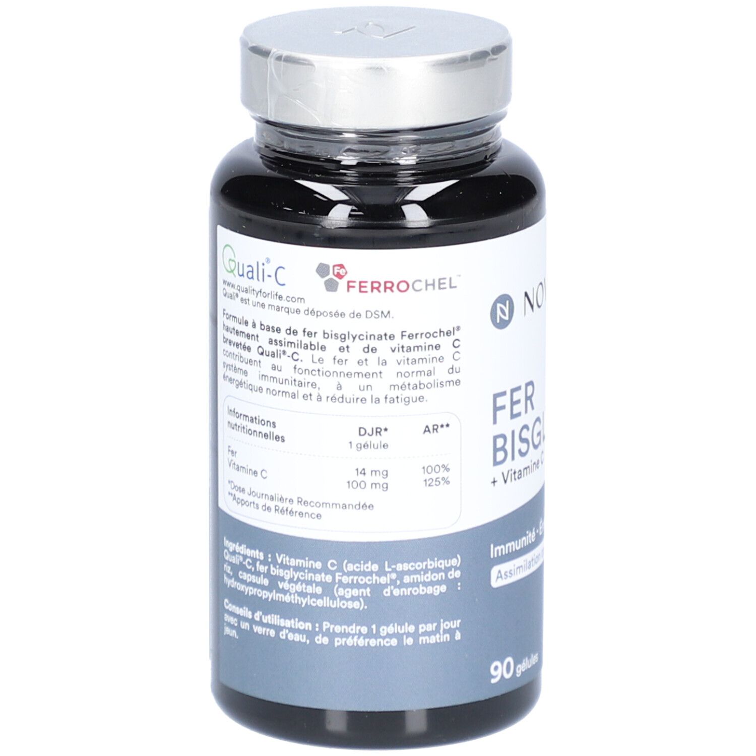 Flacon noir NOVOMA FER BISGLYCINATE. Inscription: FER BISGLYCINATE + Vitamine C. Contient 90 gélules. Logo Quali-C.