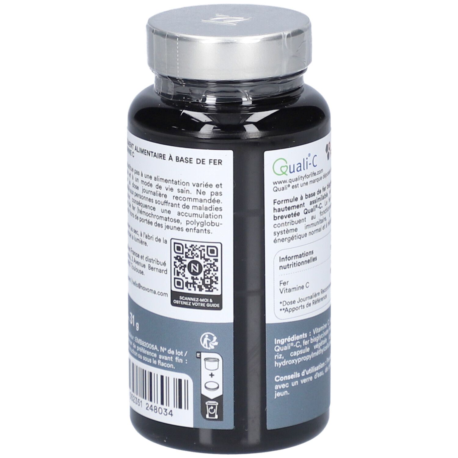 Dos du flacon noir NOVOMA FER BISGLYCINATE. Code QR et informations. Contient 90 gélules.