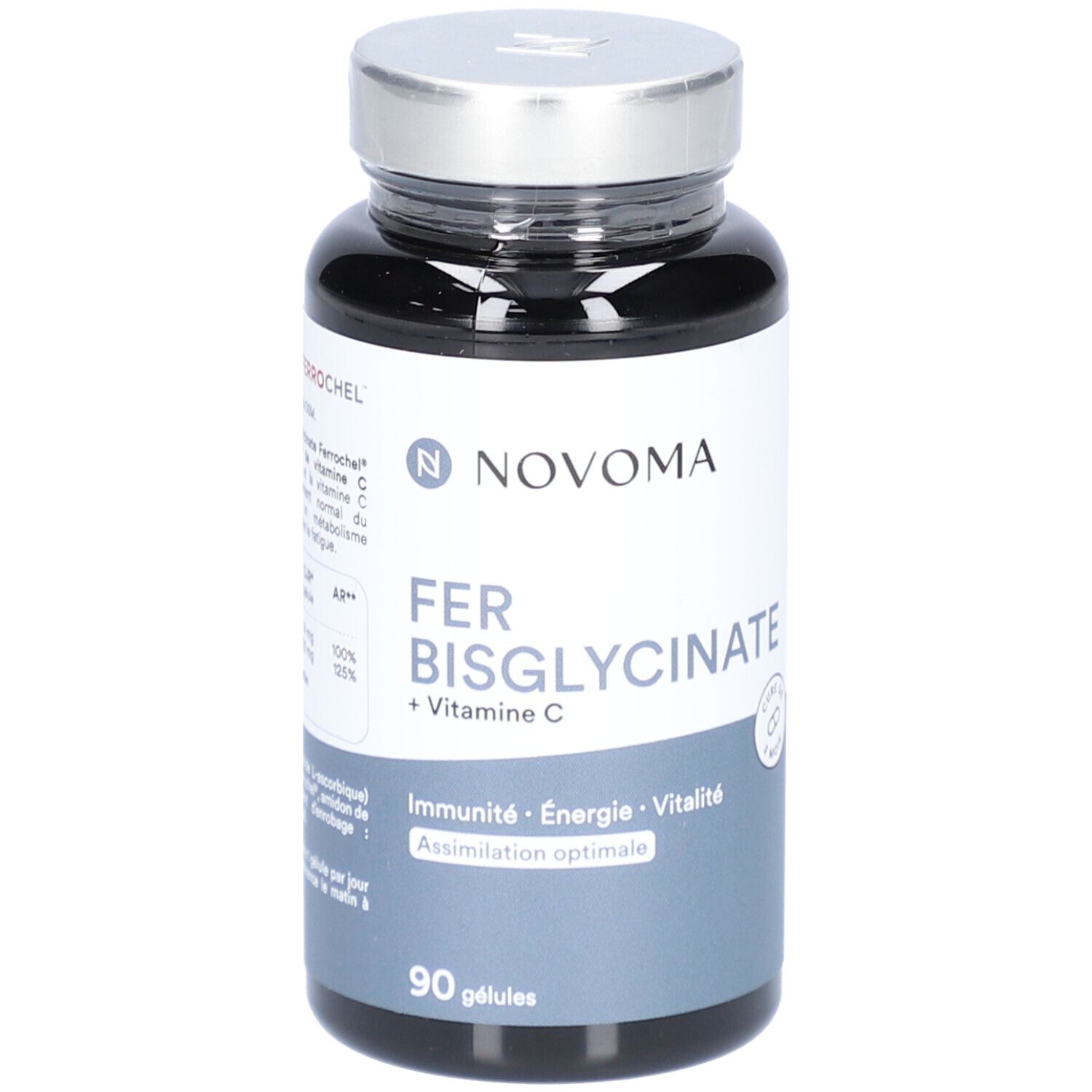 Flacon noir NOVOMA FER BISGLYCINATE. Inscription: FER BISGLYCINATE + Vitamine C. Contient 90 gélules.