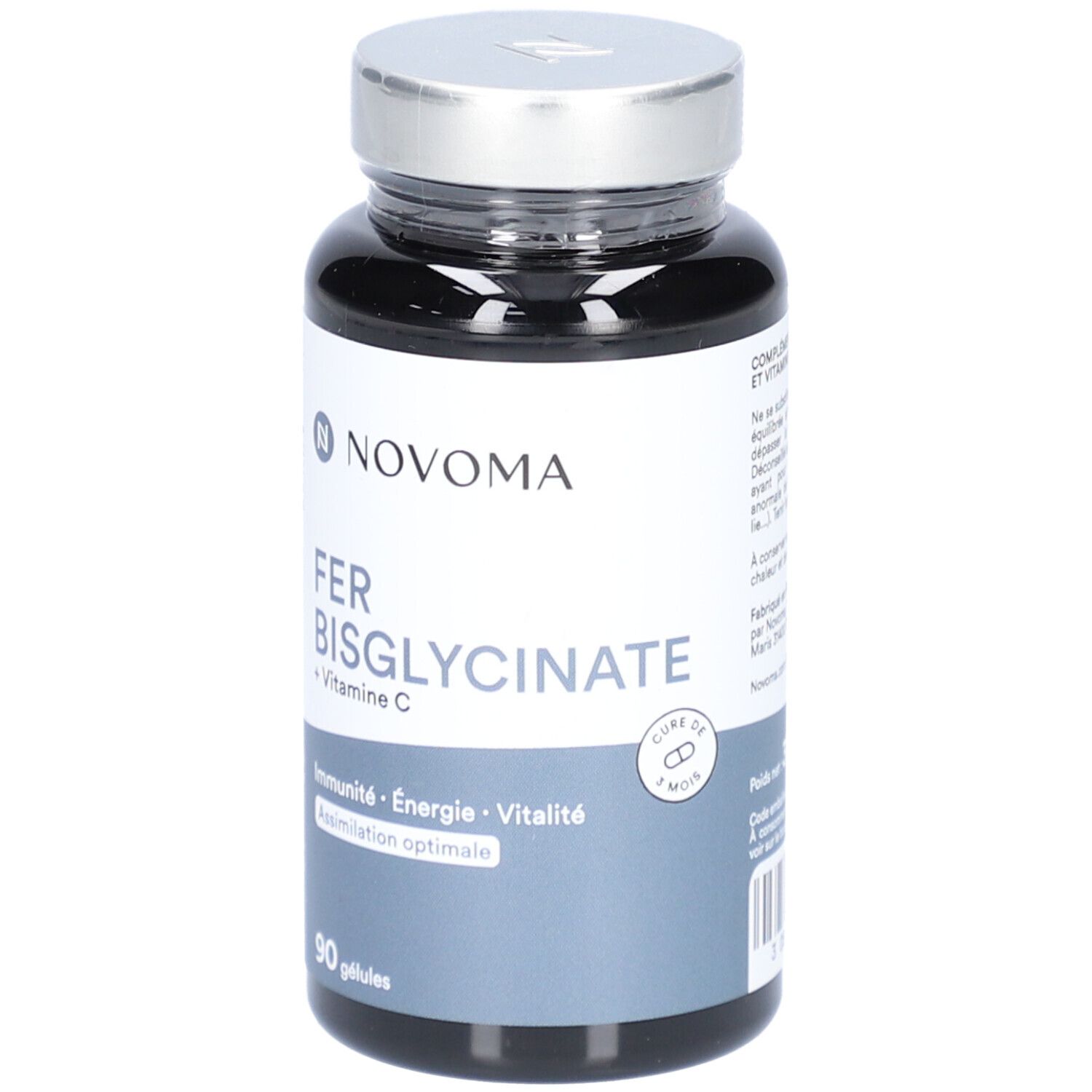 Flacon noir NOVOMA FER BISGLYCINATE. Inscription: FER BISGLYCINATE + Vitamine C. 90 gélules. Cure de 3 mois.