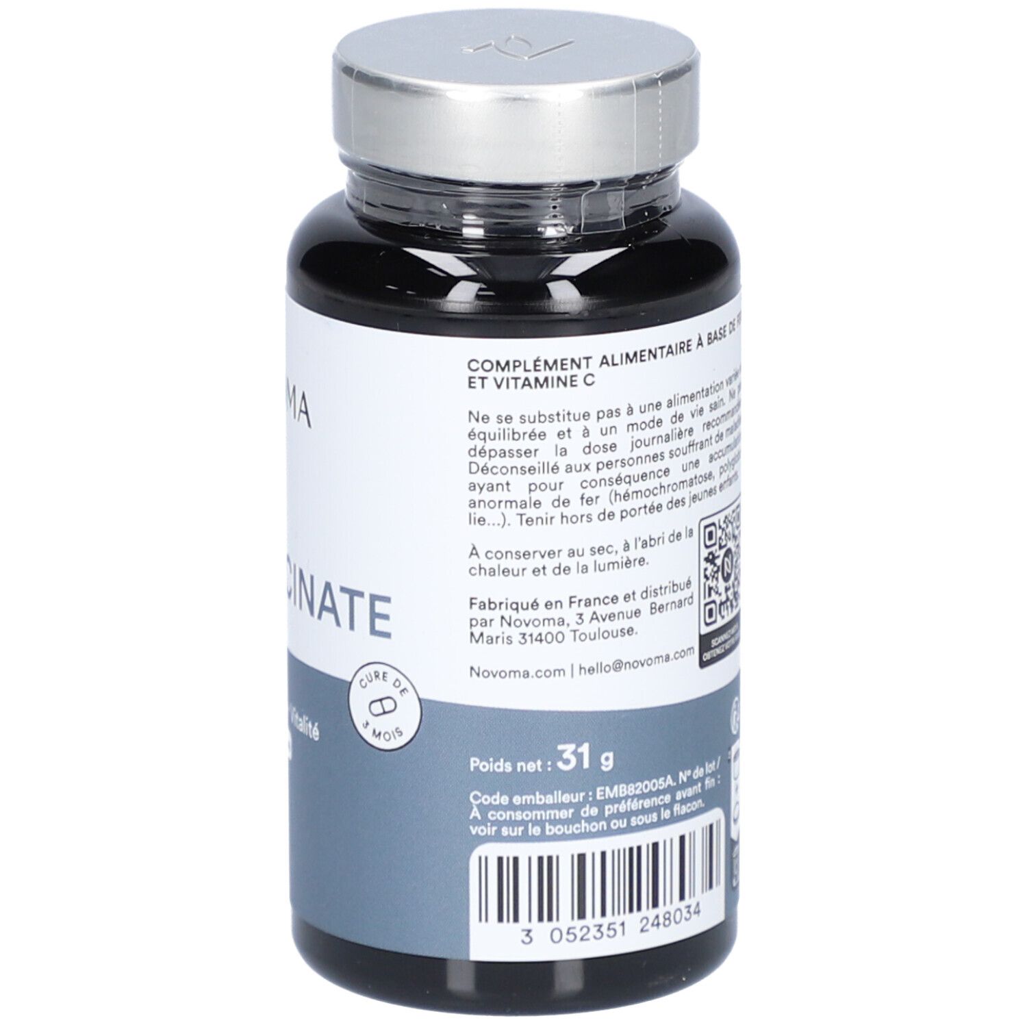 Dos du flacon noir NOVOMA FER BISGLYCINATE. Informations, code QR, poids 31g. Cure de 3 mois.