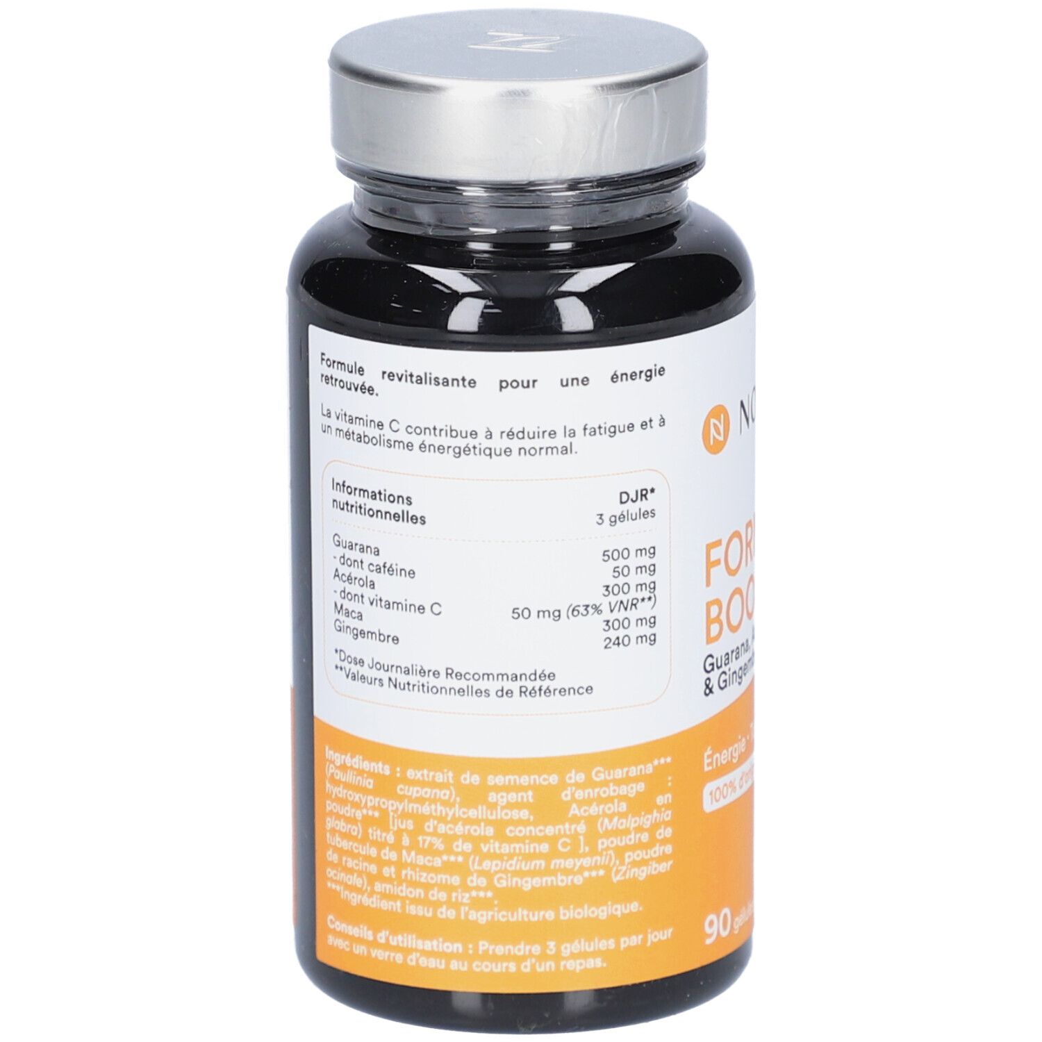 Rückseite der Flasche. Enthält Informationen zu Inhaltsstoffen, Nährwerten und Anwendung. Marke NOVOMA. 90 Kapseln.