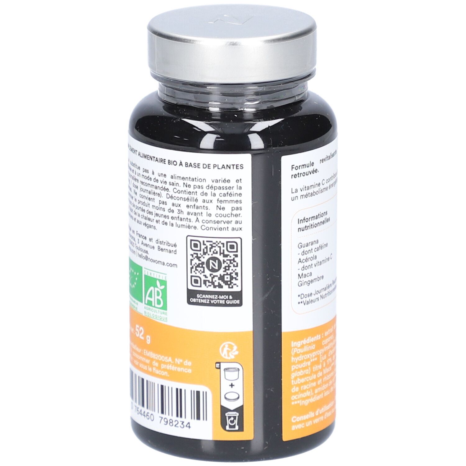 Rückseite der Flasche. Enthält Informationen, QR-Code und Bio-Zertifizierung. Marke NOVOMA. 52g.