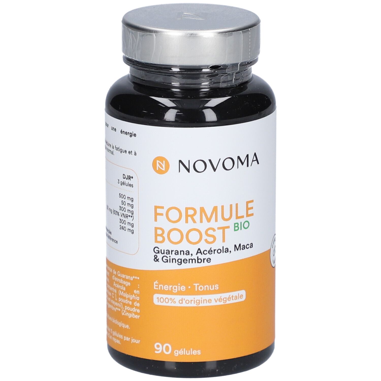 Dunkle Flasche mit silbernem Deckel. Aufkleber mit Produktnamen, Inhaltsstoffen und Marke NOVOMA. 90 Kapseln.