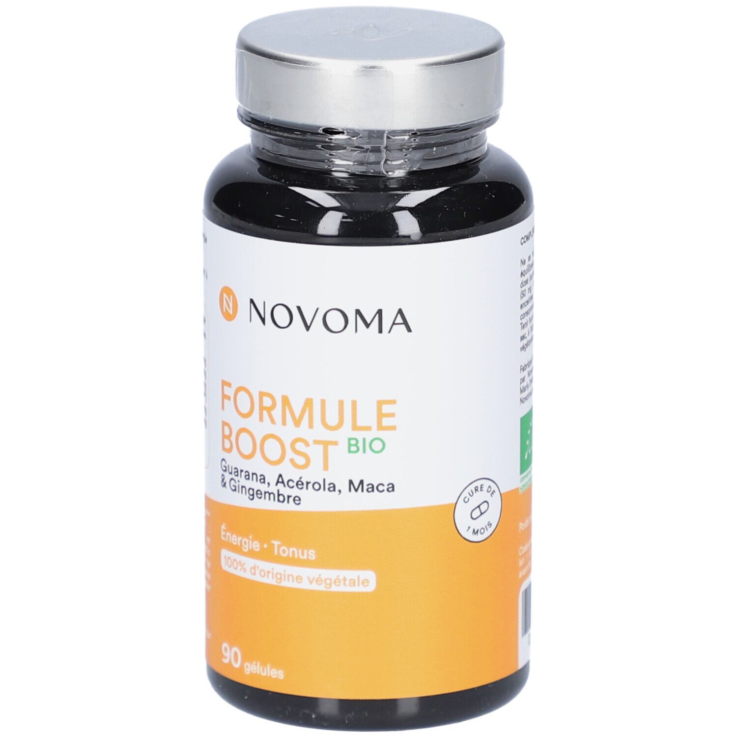 Dunkle Flasche mit silbernem Deckel. Aufkleber mit Produktnamen, Inhaltsstoffen und Marke NOVOMA. 90 Kapseln. Bio-Zertifizierung.