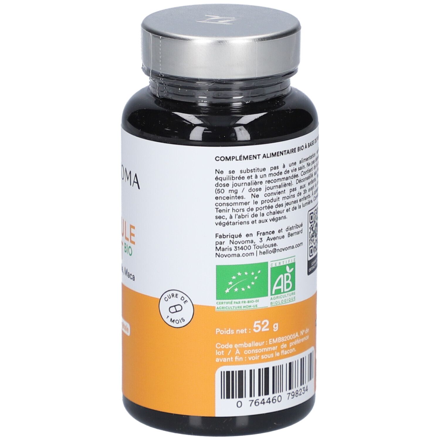 Rückseite der Flasche. Enthält Informationen, QR-Code und Bio-Zertifizierung. Marke NOVOMA. 52g.