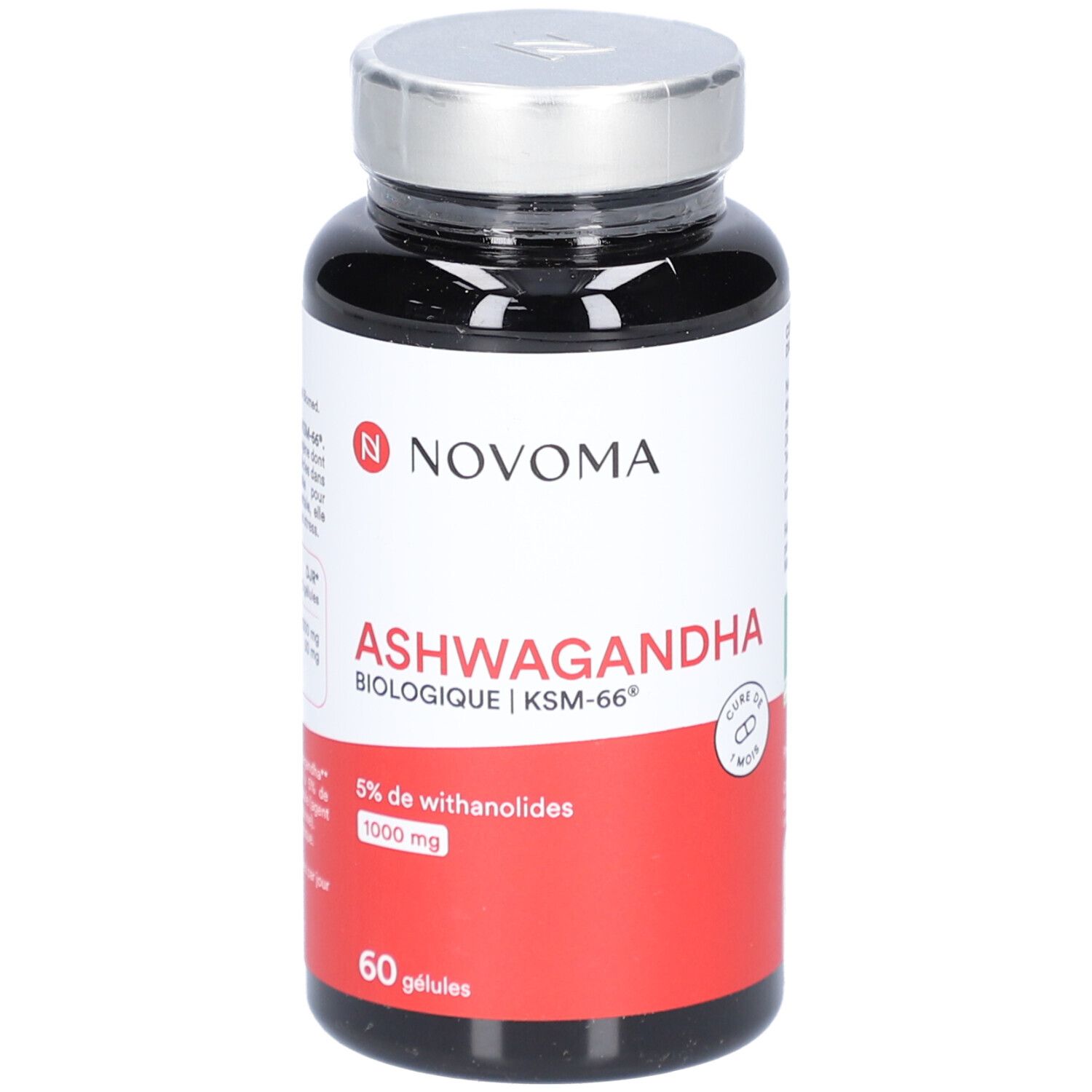 Flacon noir NOVOMA Ashwagandha. Étiquette rouge avec informations produit. Bouchon argenté. 60 gélules.