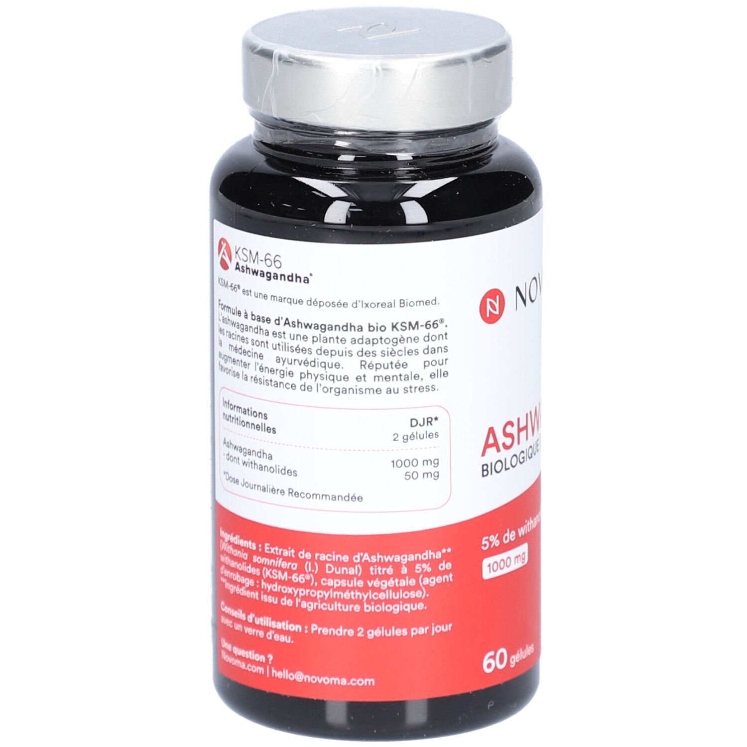 Flacon noir NOVOMA Ashwagandha. Informations produit au dos. Bouchon argenté. Ingrédients et conseils.
