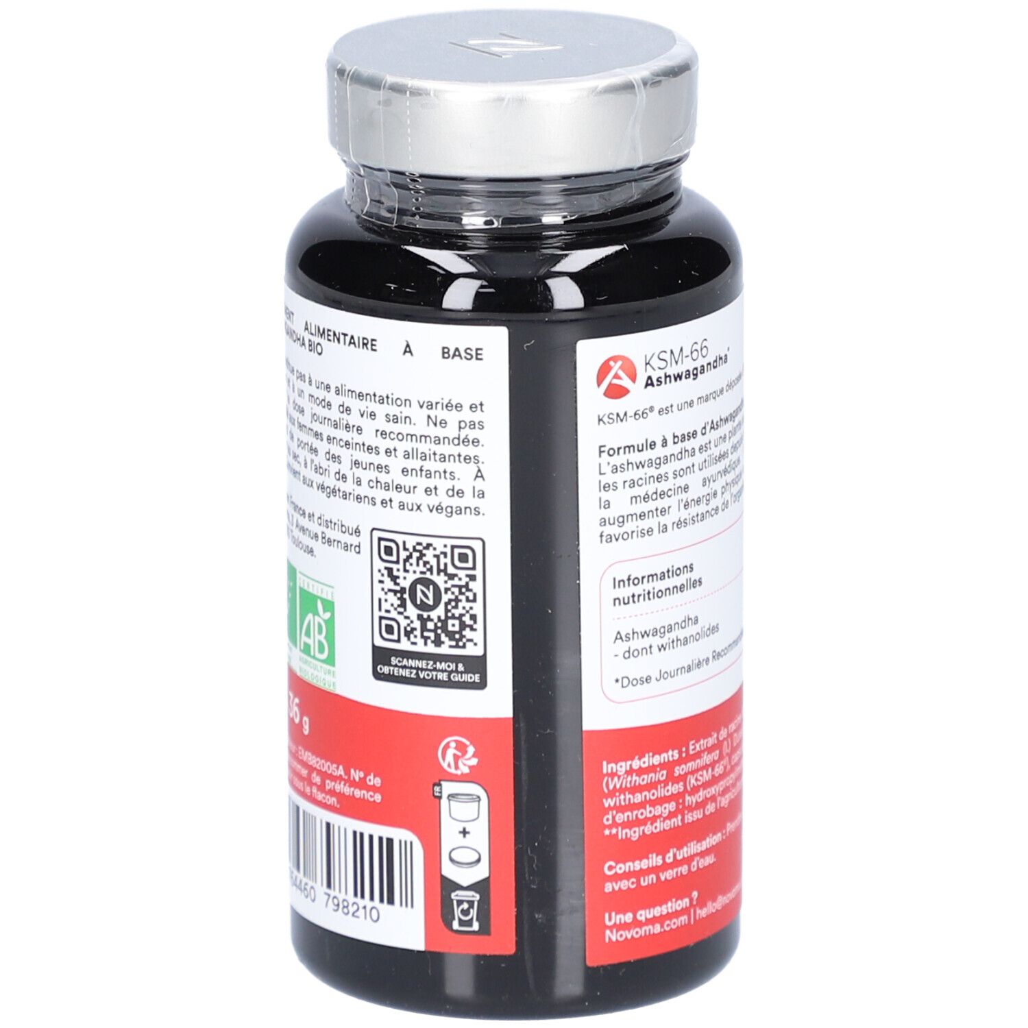 Flacon noir NOVOMA Ashwagandha. Informations, QR code et label bio au dos. Bouchon argenté.