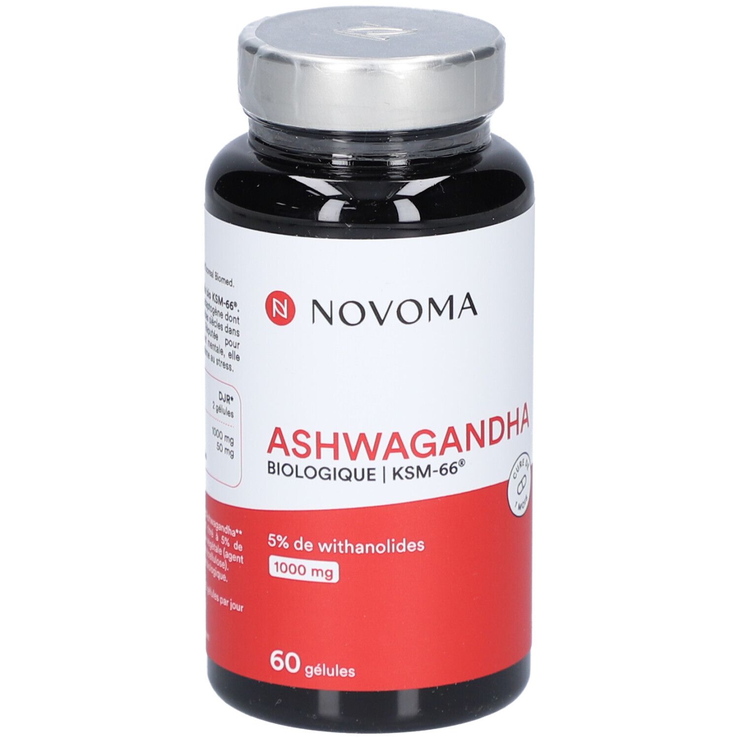 Flacon noir NOVOMA Ashwagandha. Étiquette rouge avec informations produit. Bouchon argenté. 60 gélules.