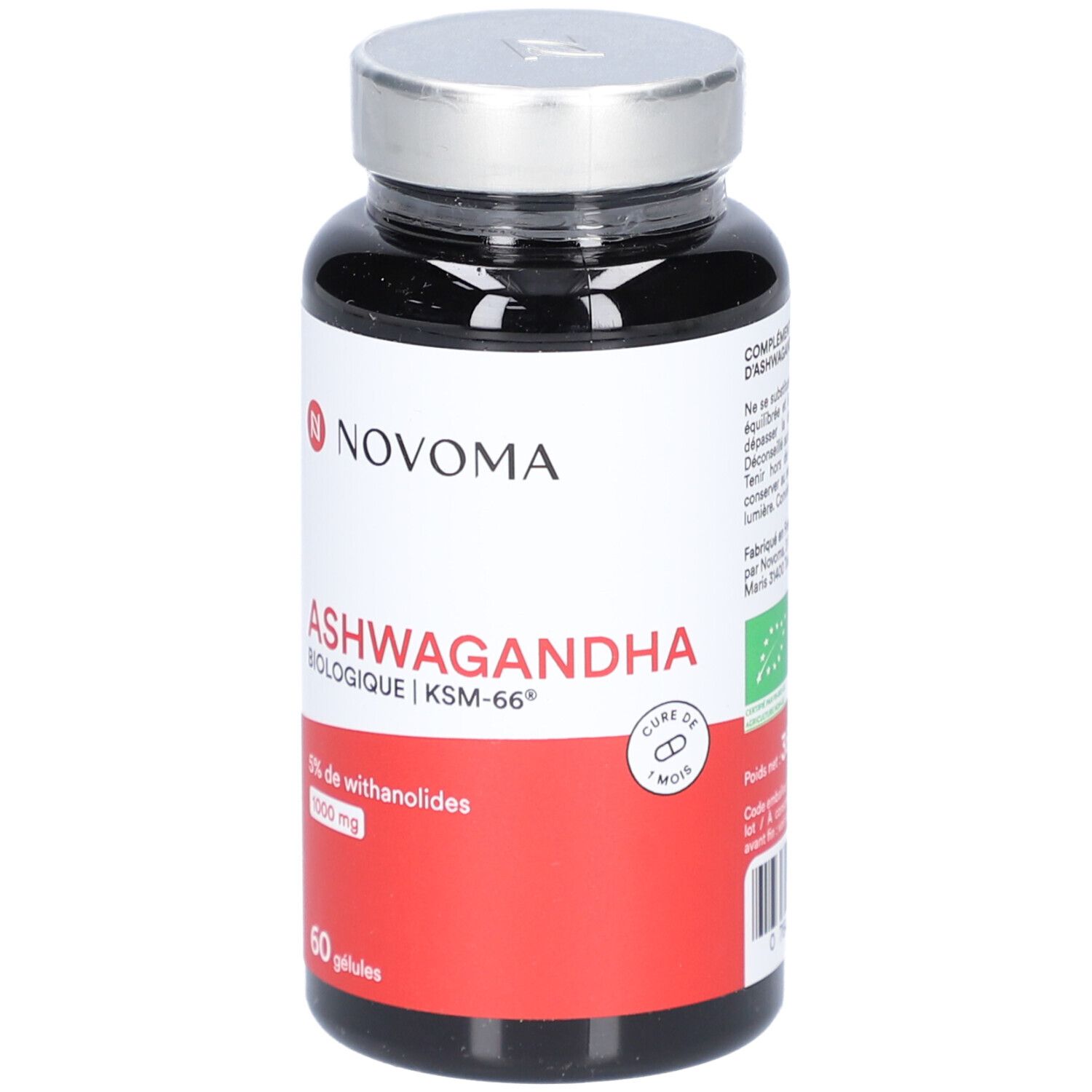 Flacon noir NOVOMA Ashwagandha. Étiquette rouge avec informations produit. Bouchon argenté. 60 gélules.
