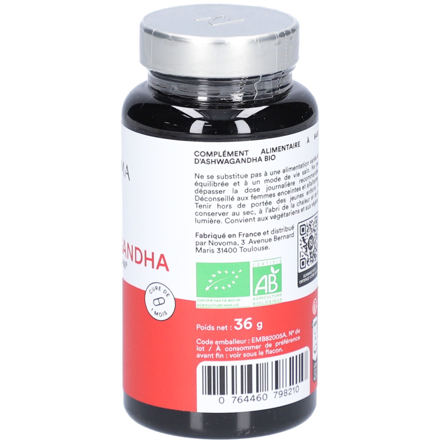 Flacon noir NOVOMA Ashwagandha. Informations, label bio au dos. Bouchon argenté. 36g.