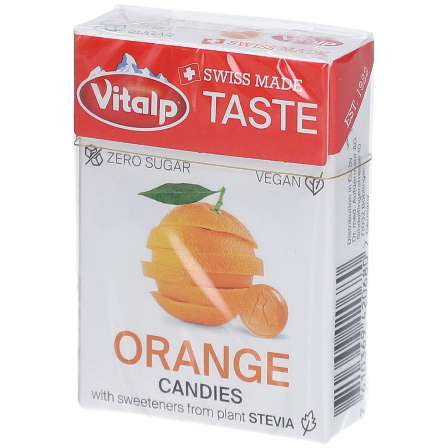 Verpackung mit Vitalp Bonbons Sans Sucre Orange. Abgebildet ist eine Orange. Text: Orange Candies, Zero Sugar, Vegan.