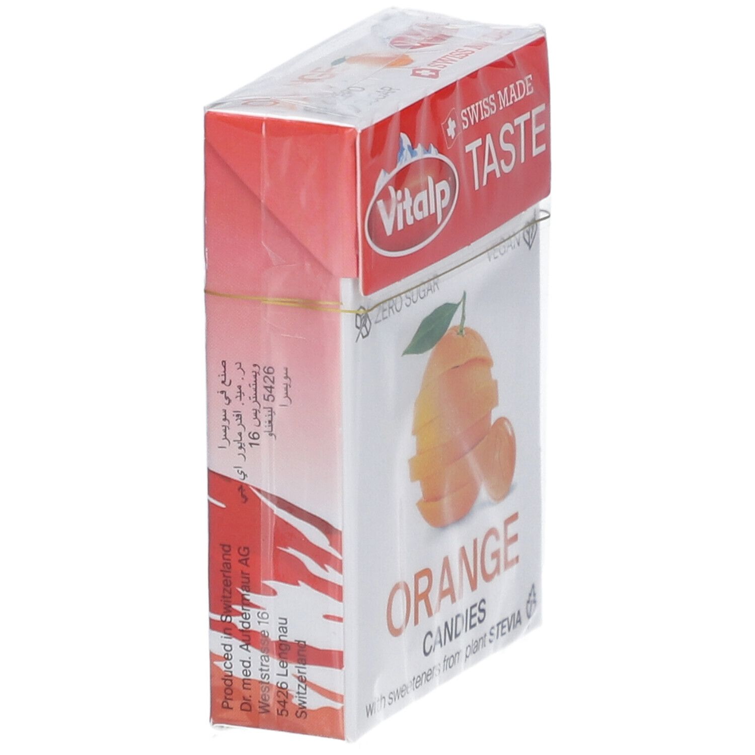 Verpackung Vitalp Bonbons Sans Sucre Orange. Seitenansicht. Text: Orange Candies, Zero Sugar, Vegan.