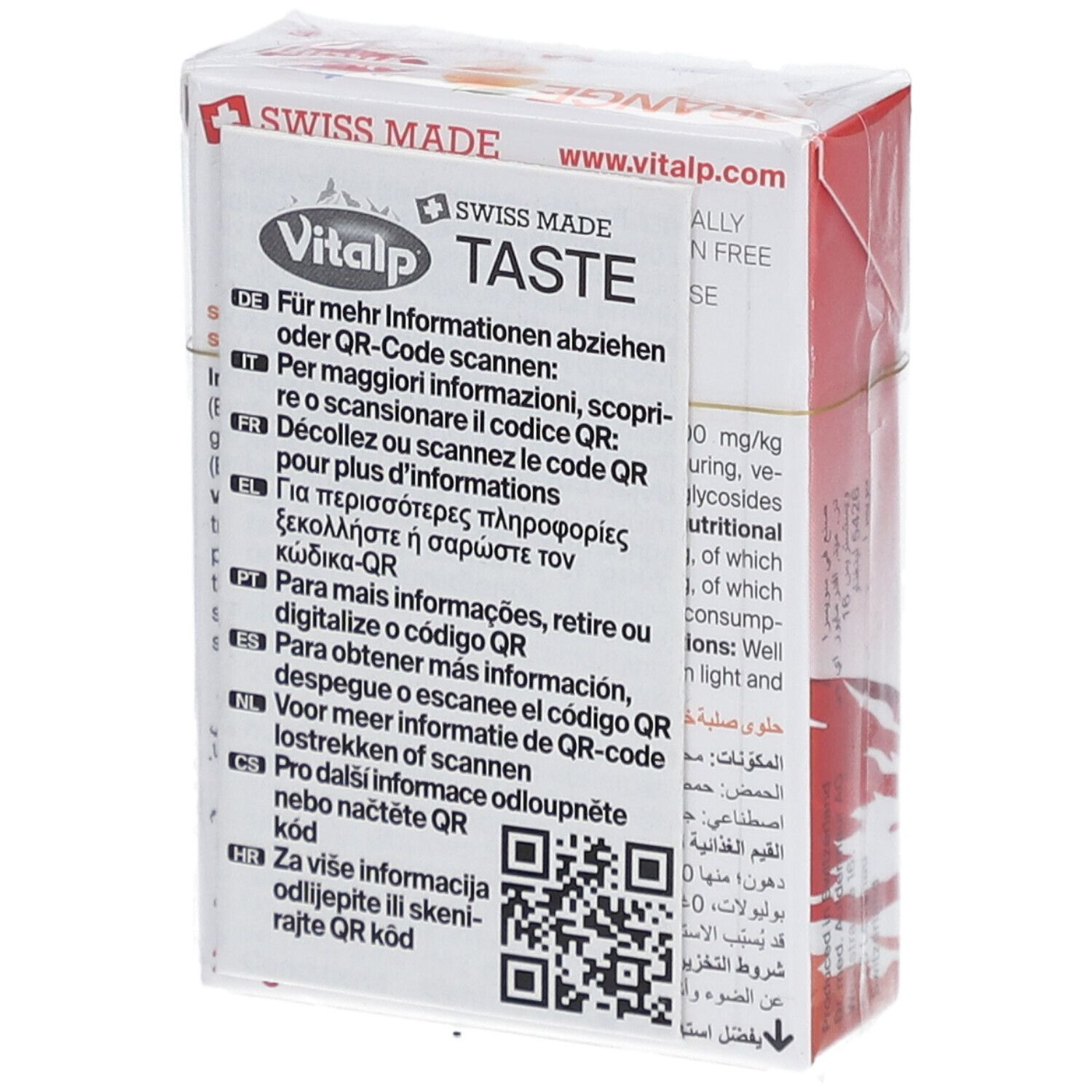Verpackung Vitalp Bonbons Sans Sucre Orange. Rückseite mit Text in mehreren Sprachen und QR-Code.