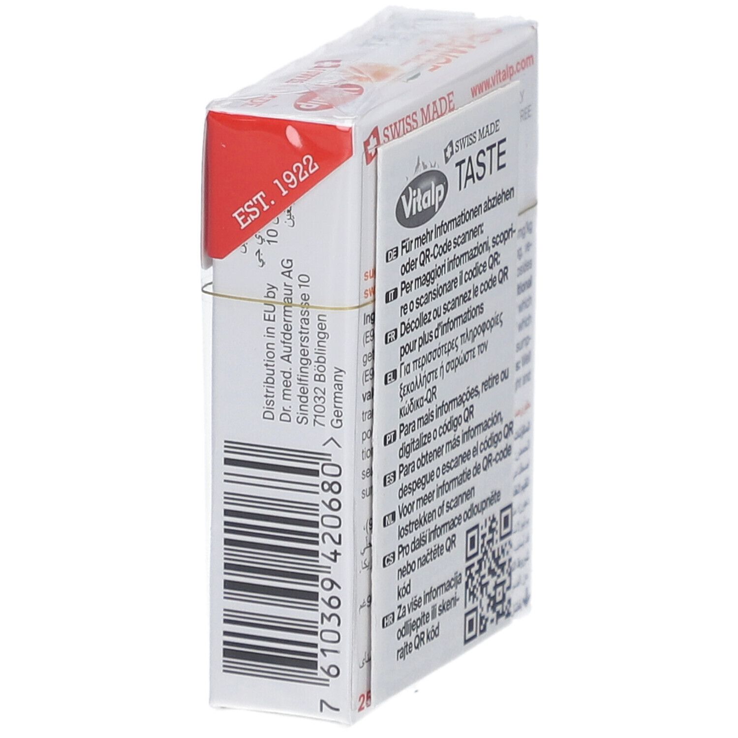 Verpackung Vitalp Bonbons Sans Sucre Orange. Seitenansicht mit Text und Barcode.