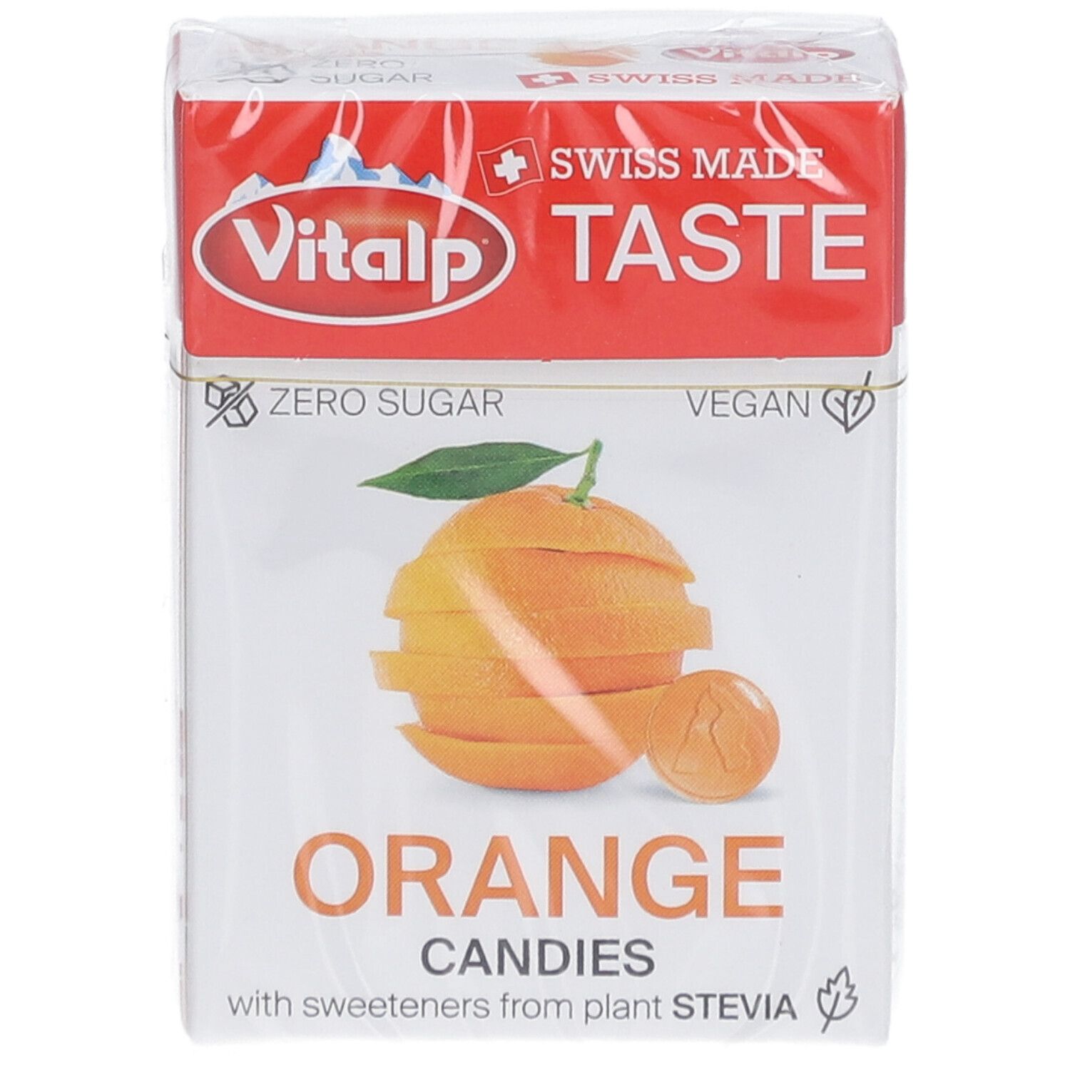 Verpackung Vitalp Bonbons Sans Sucre Orange. Abgebildet ist eine Orange. Text: Orange Candies, Zero Sugar, Vegan.