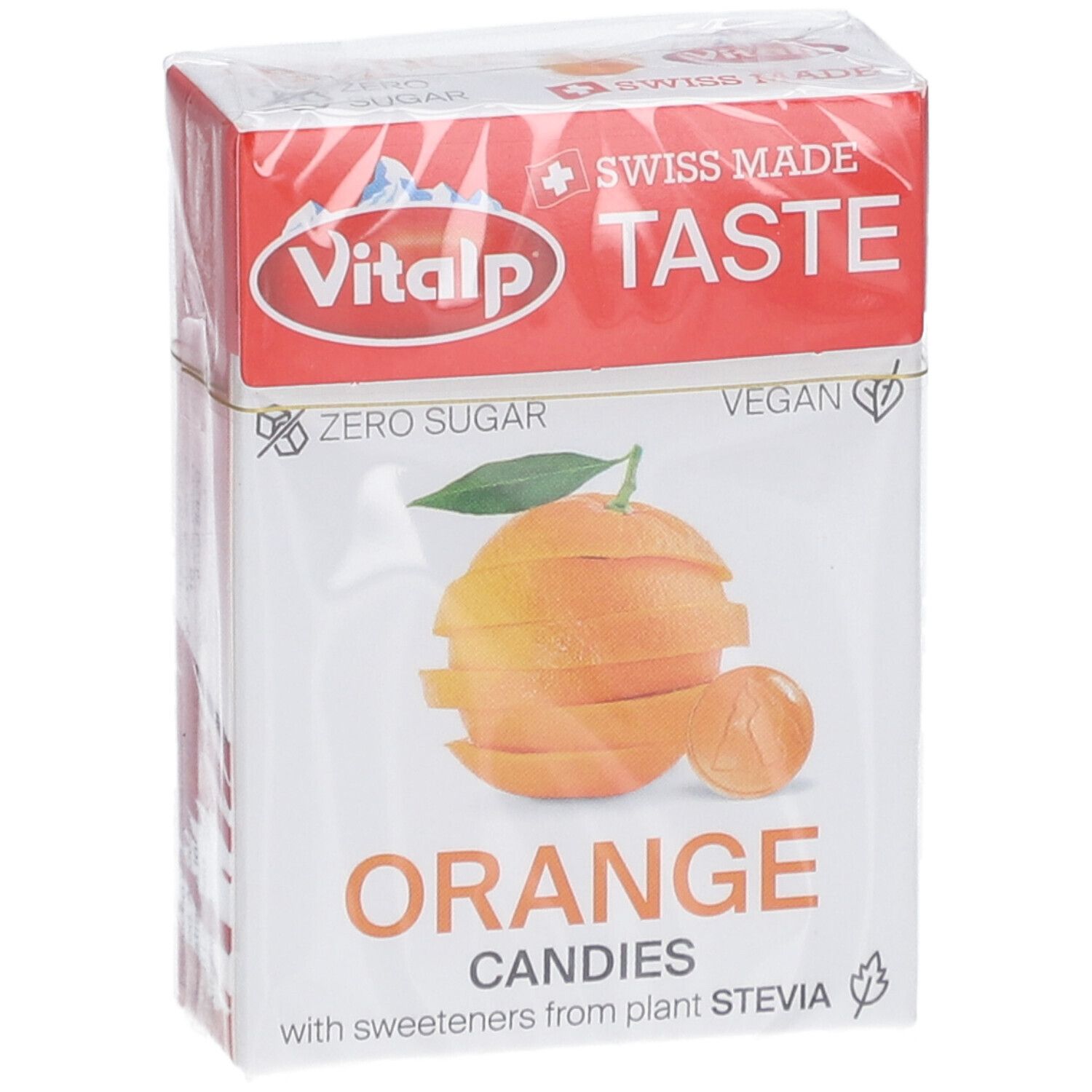 Verpackung Vitalp Bonbons Sans Sucre Orange. Abgebildet ist eine Orange. Text: Orange Candies, Zero Sugar, Vegan.