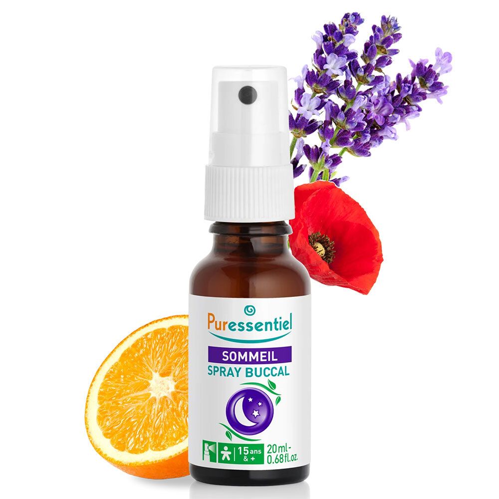 Braune Glasflasche mit weißem Sprühkopf. Aufschrift: PURESSENTIEL Sommeil Spray bukkal. Mit Blumen.
