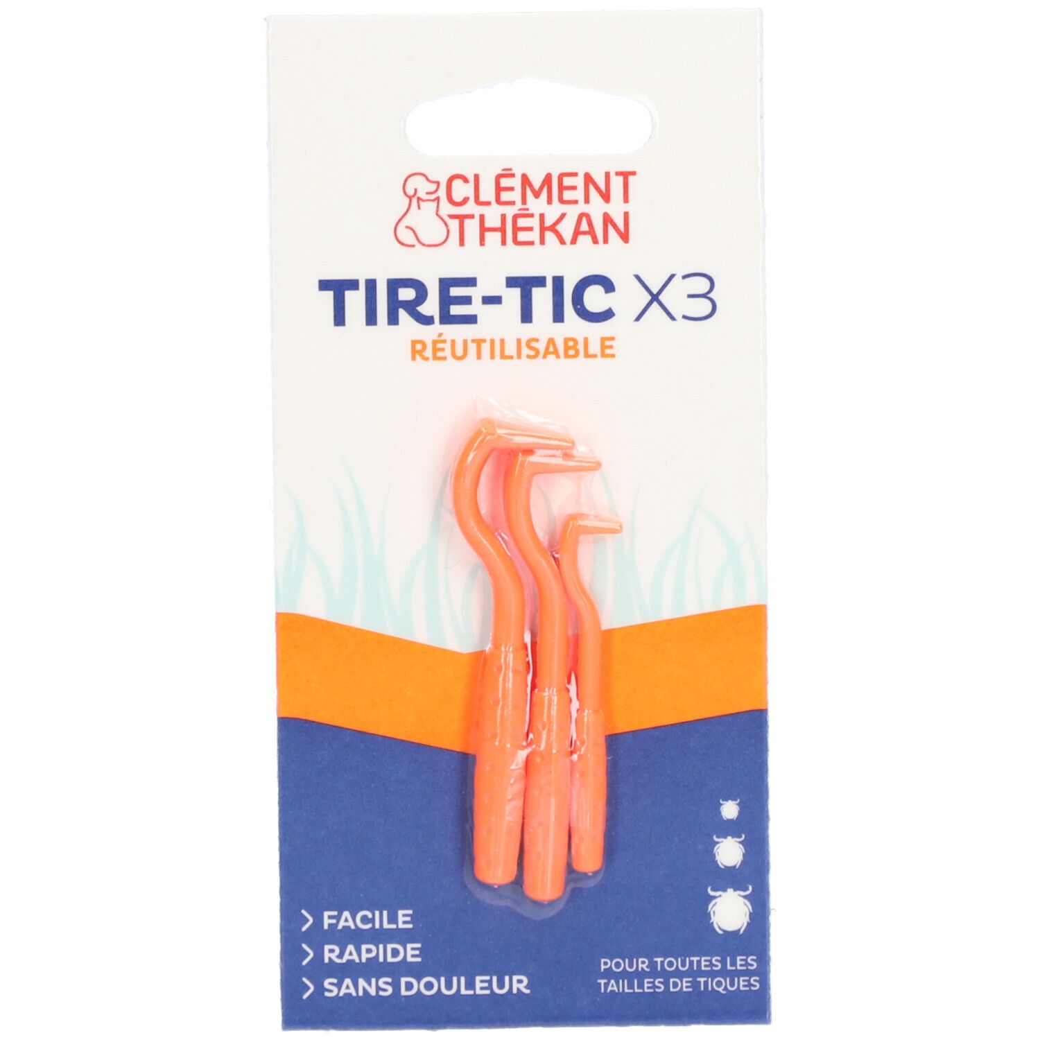 Verpackung mit drei orangefarbenen Zeckenhaken. Marke: CLÉMENT THÉKAN. Text: Tire-Tic X3, wiederverwendbar.
