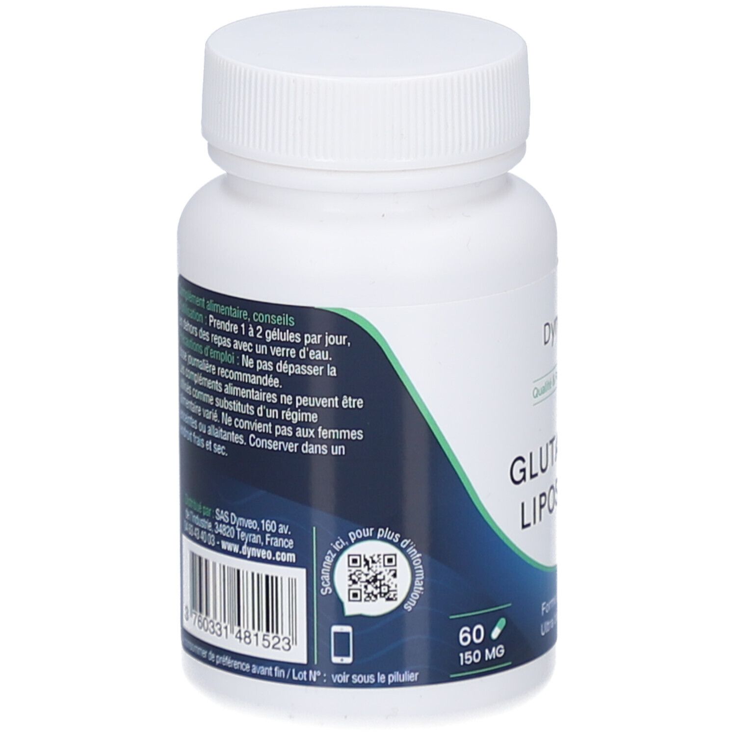 Dos du flacon blanc. Texte sur l'utilisation et les ingrédients. Code QR et code-barres. Marque Dynveo.