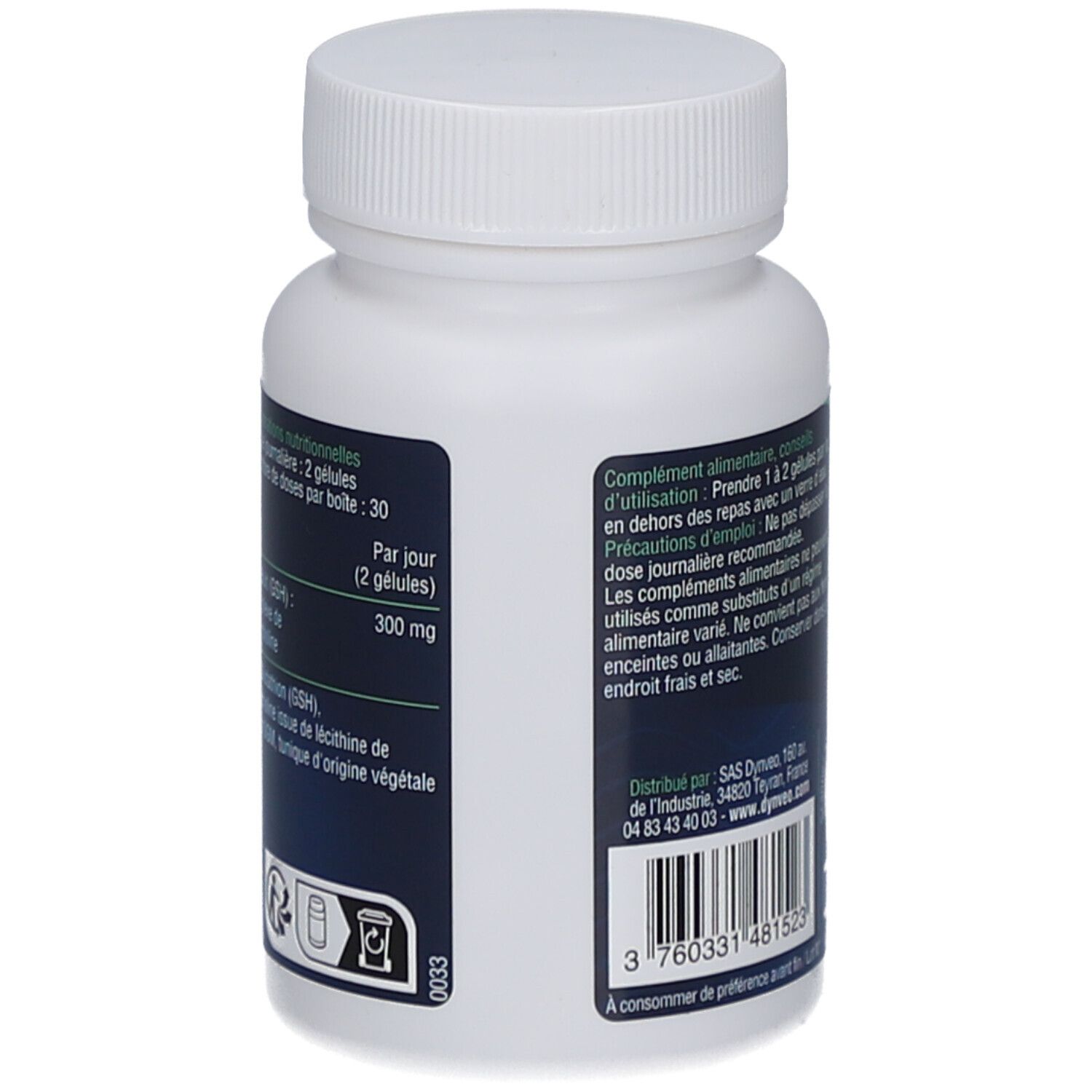 Vue arrière du flacon blanc. Texte sur les ingrédients et le dosage. Code-barres. Marque Dynveo.