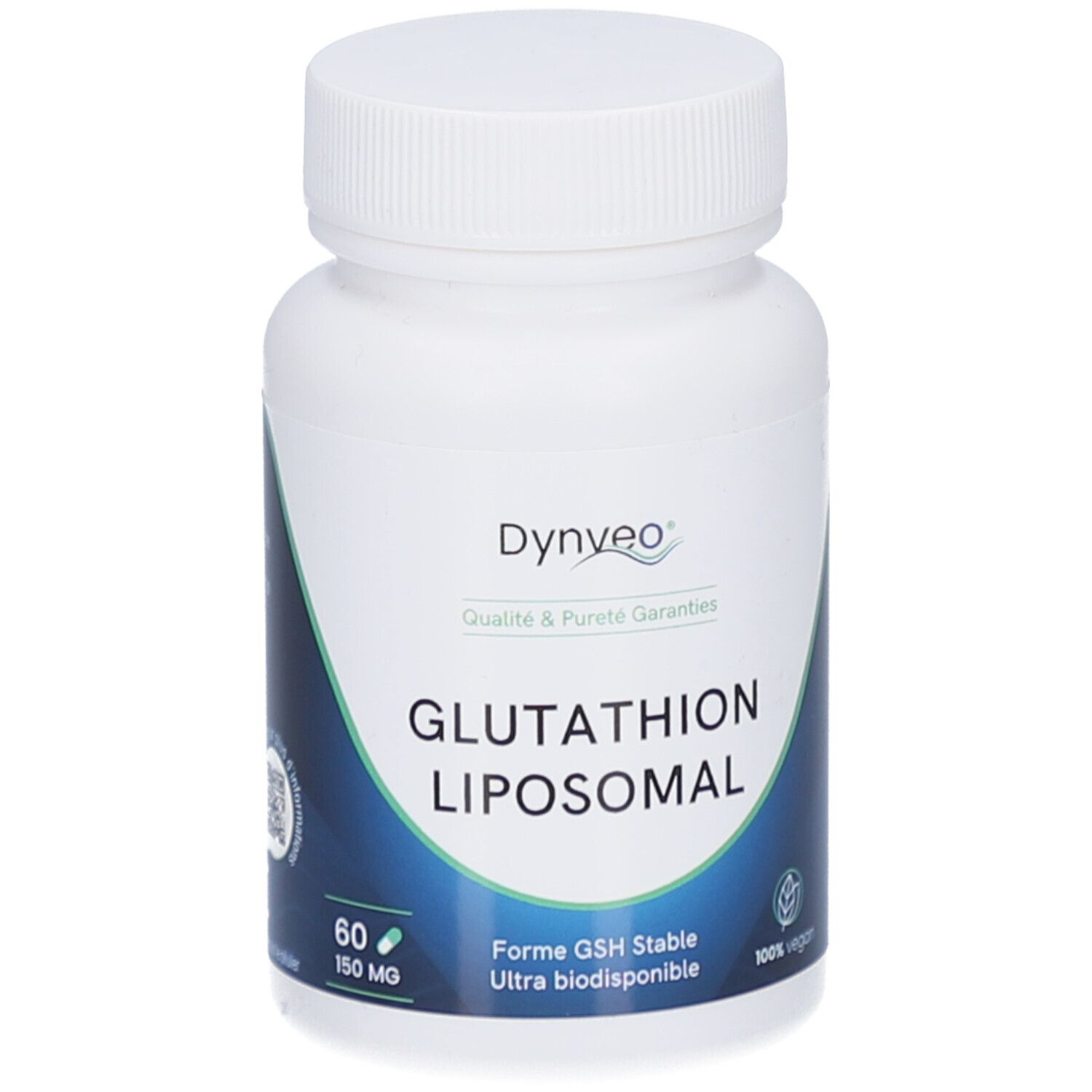 Flacon blanc avec bouchon à vis. Inscription: Glutathion Liposomal. 60 gélules, 150 mg. Marque Dynveo.