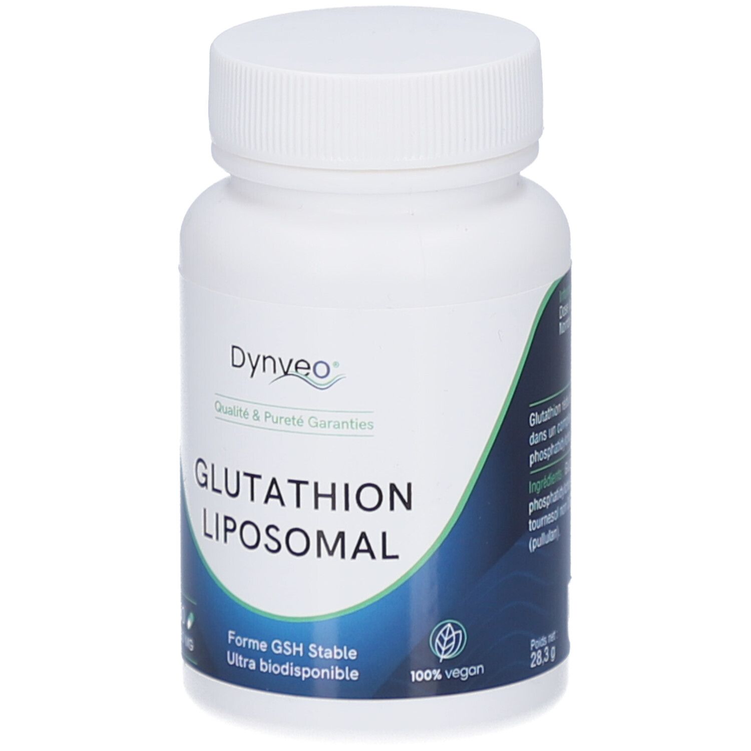 Flacon blanc avec bouchon à vis. Inscription: Glutathion Liposomal. 60 gélules, 150 mg. Marque Dynveo.