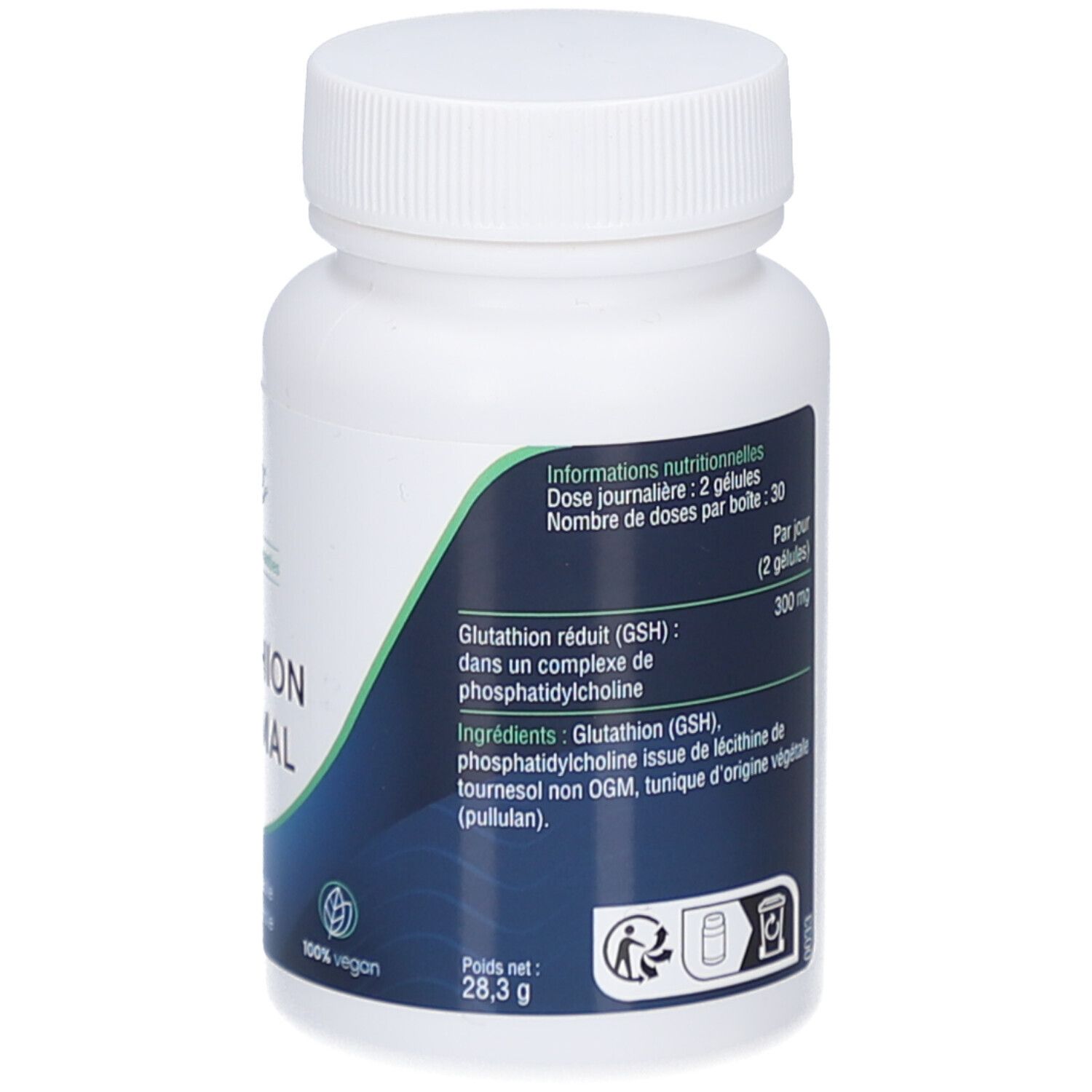 Dos du flacon blanc. Texte sur les ingrédients et le dosage. Poids 28,3 g. Marque Dynveo.