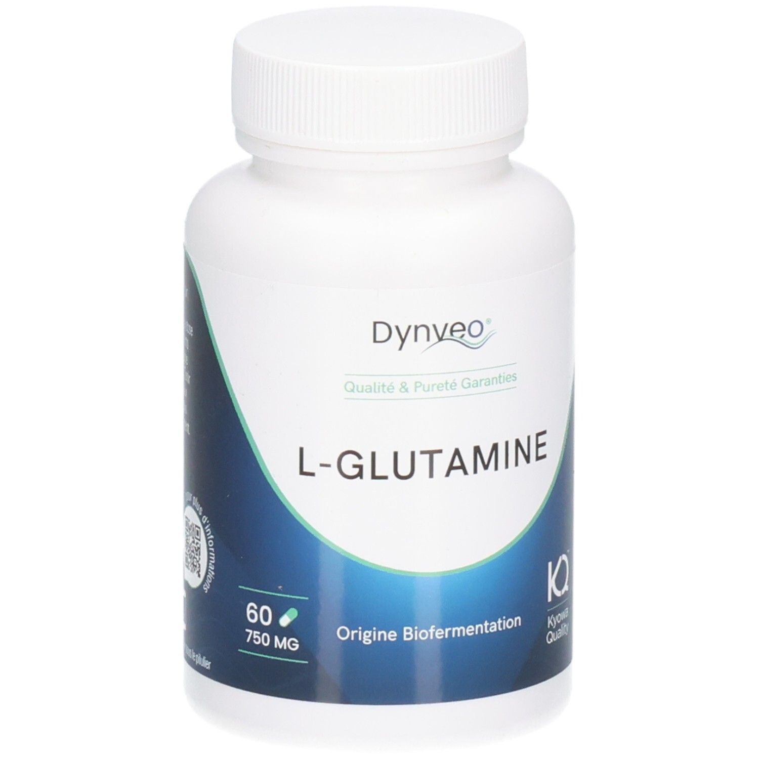 Weiße Flasche mit Kapseln. Aufschrift: Dynveo, L-Glutamine, 60 Kapseln, 750 mg. Kyowa Quality.