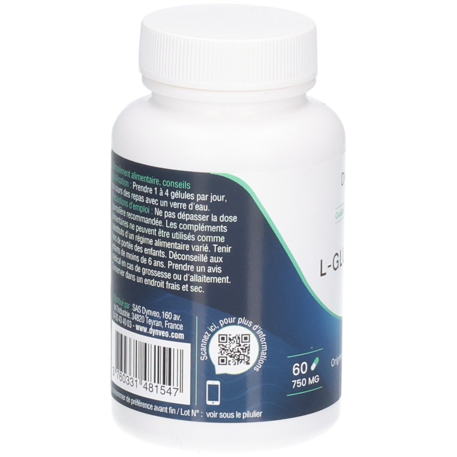 Rückseite der weißen Flasche. Text: Nahrungsergänzungsmittel, Dosierung, Inhaltsstoffe, QR-Code, 60 Kapseln, 750 mg.